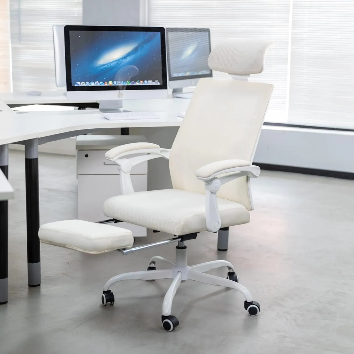 Lepdep Mesh Ergonomic Office Chair with Footrest Home Office Desk Chair with Headrest and Backrest 90-135 Adjustable Computer Desk Chair with Wheels 360 Swivel Task Chair (Cream White)