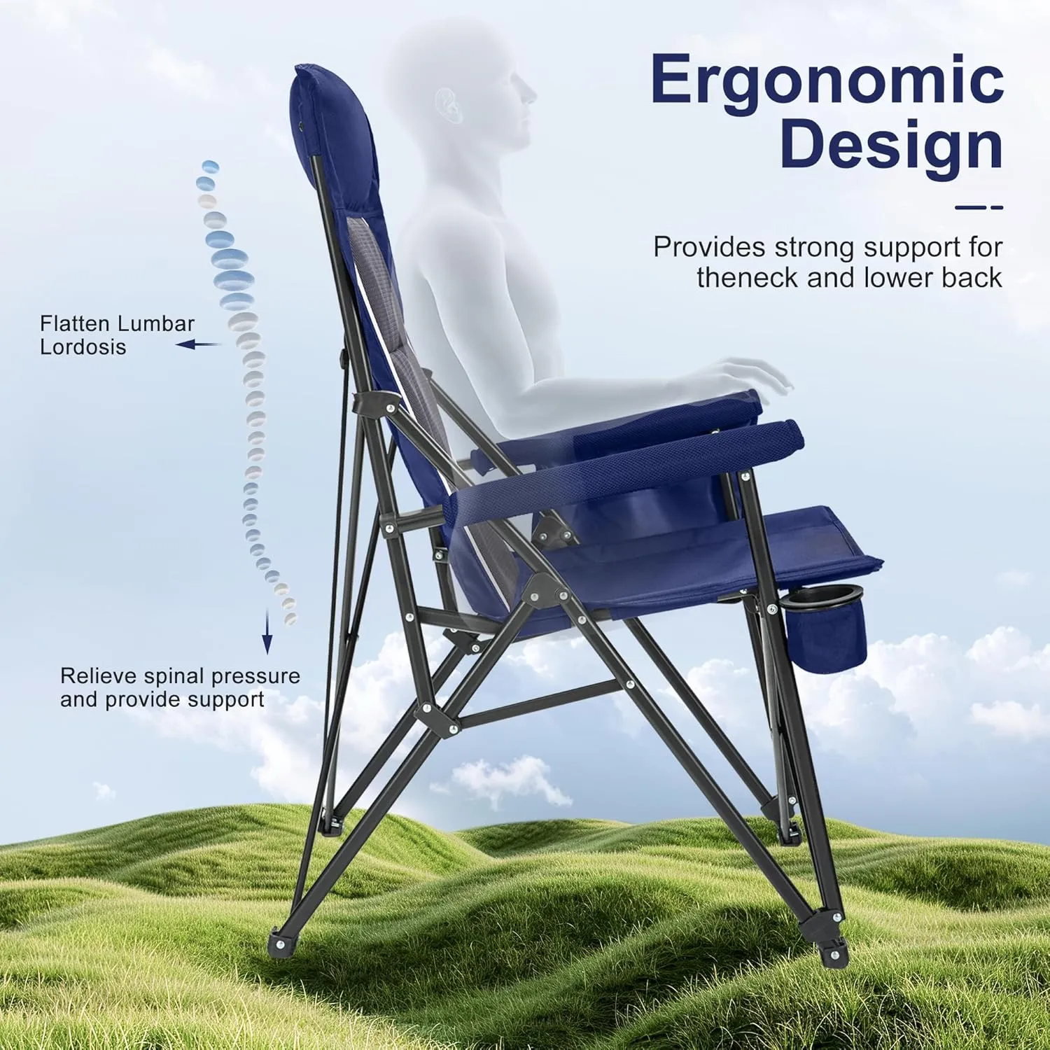 LET'S CAMP Oversized Camping Chairs 29.52" High Back Heavy Duty Lawn Chair Support 500LBS, Portable Collapsible Chair with Cup Holder, Side Pocket,2 Pack(Blue)