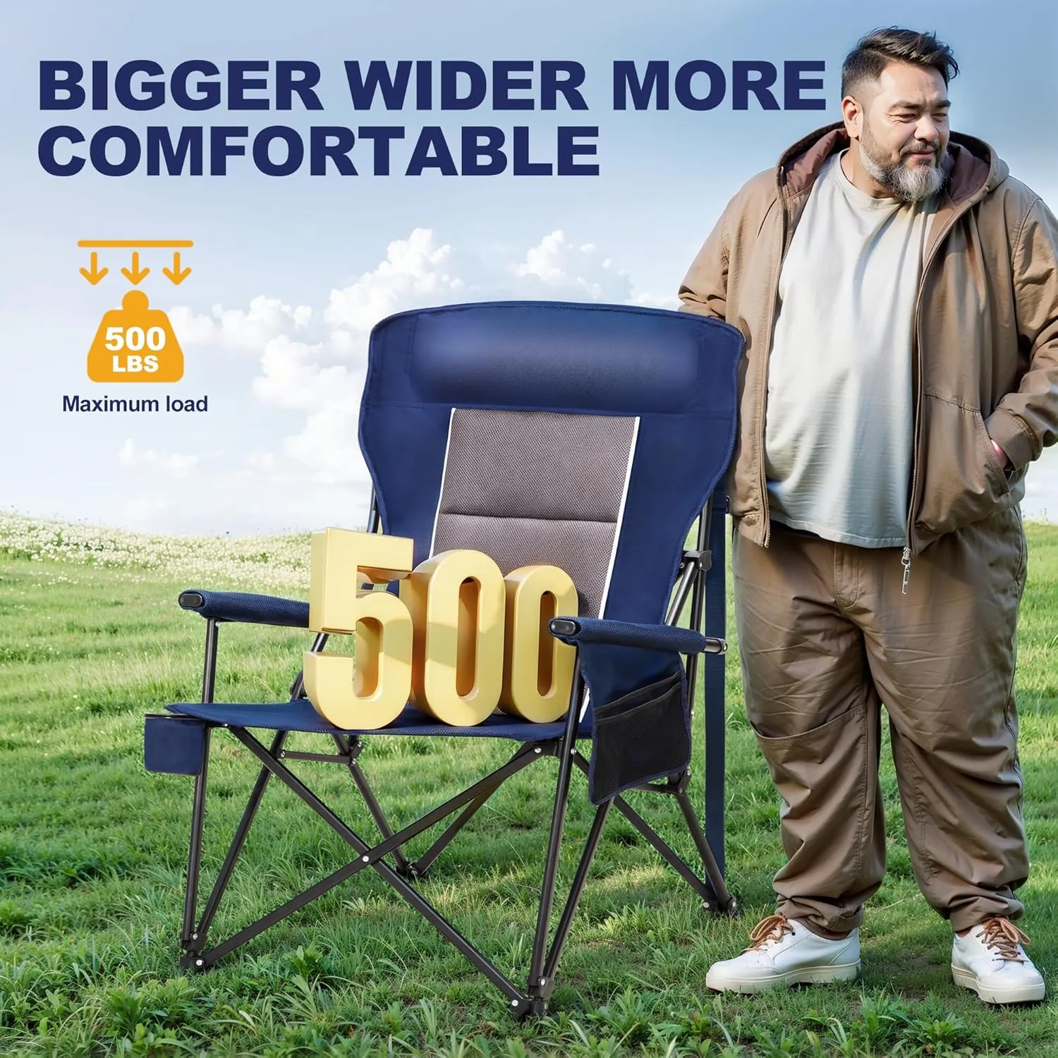 LET'S CAMP Oversized Camping Chairs 29.52" High Back Heavy Duty Lawn Chair Support 500LBS, Portable Collapsible Chair with Cup Holder, Side Pocket,2 Pack(Blue)