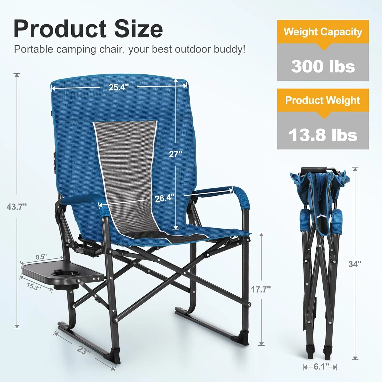 LET'S CAMP Oversized Reclining Director Chair 43.7" High Back with Side Table,Heavy Duty Camping Chair for Adults,Supports Up to 300lbs