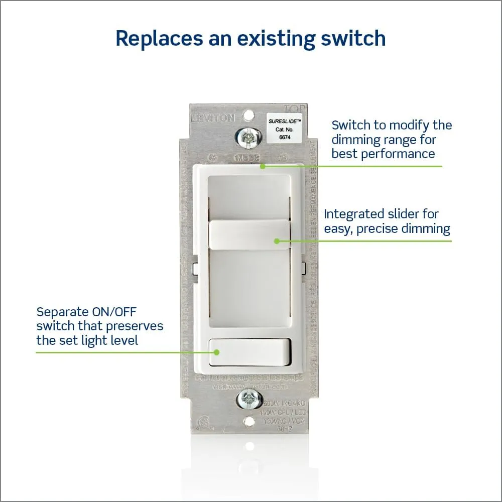 Leviton SureSlide Dimmer Switch for Dimmable LED, Halogen and Incandescent Bulbs, 6674-P0W, White