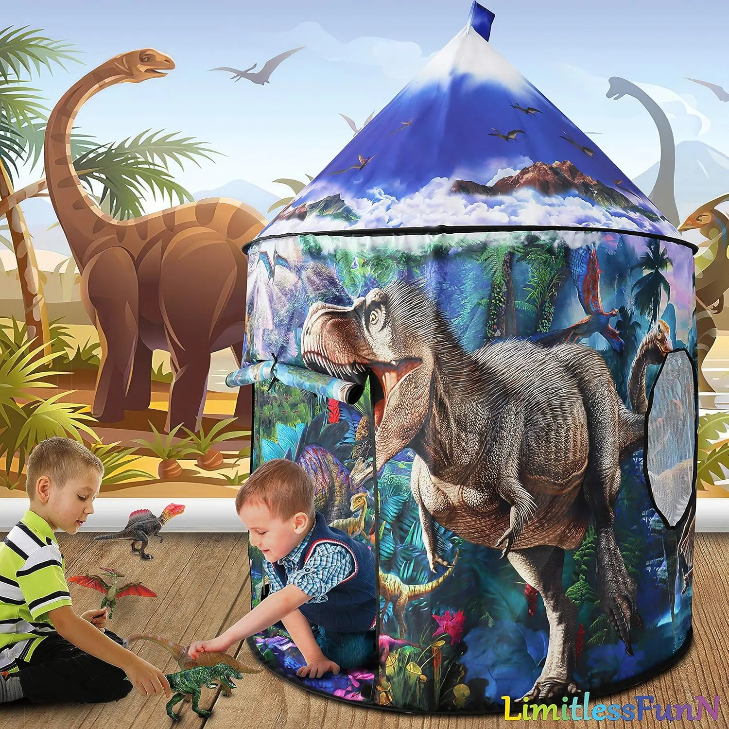 LimitlessFunN Dinosaur Pop Up Kids Play Tent | Includes Star Lights & Carrying Case |, Children Indoor Castle Playhouse for Boys, Toddlers, 41" D x 41" W x 53" H
