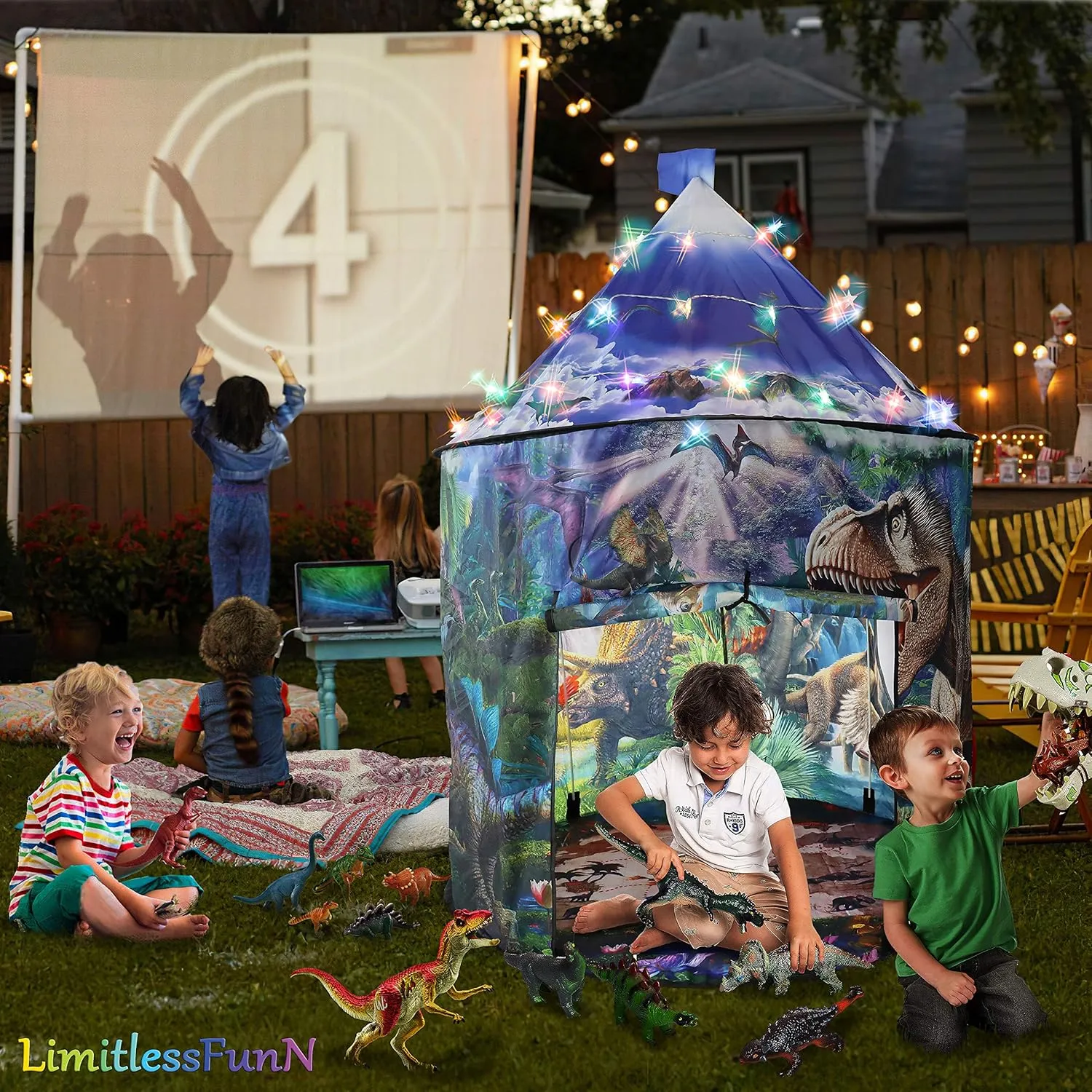 LimitlessFunN Dinosaur Pop Up Kids Play Tent | Includes Star Lights & Carrying Case |, Children Indoor Castle Playhouse for Boys, Toddlers, 41" D x 41" W x 53" H