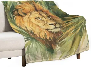 Lion Green Jungle Watercolor Blanket Anti Pilling Throw Blankets Cozy Durable Blanket for Bedroom Living Rooms Couch Sofa Bed Home Decorations 50"x60"