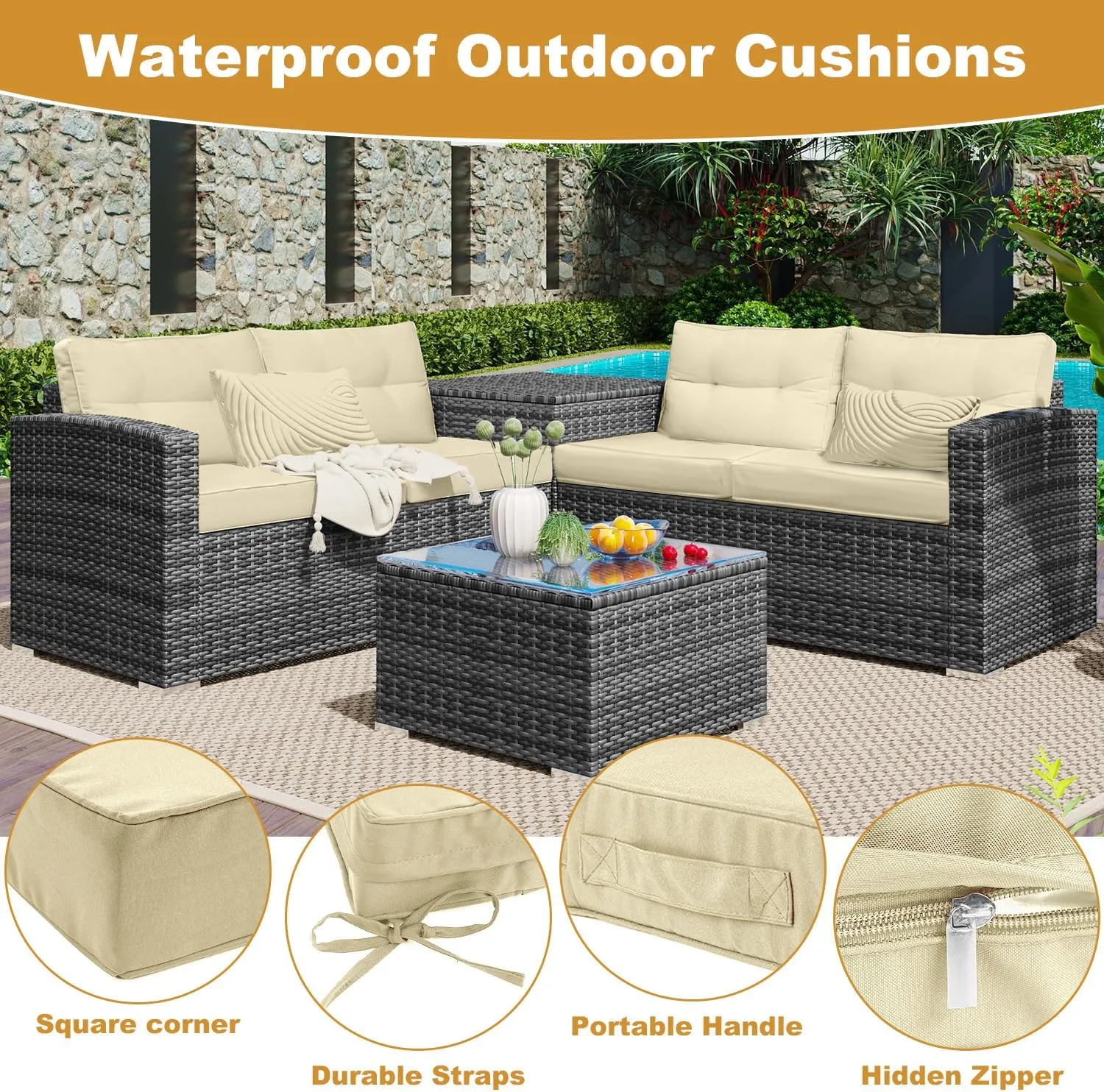 LOKHOM Outdoor Chair Cushions Set of 2，19" x 19" x 4" Waterproof Outdoor Seat Cushions for Patio Furniture, Soft Square Corner Sofa Outdoor Cushions with Handle & Adjustable Straps(Beige)