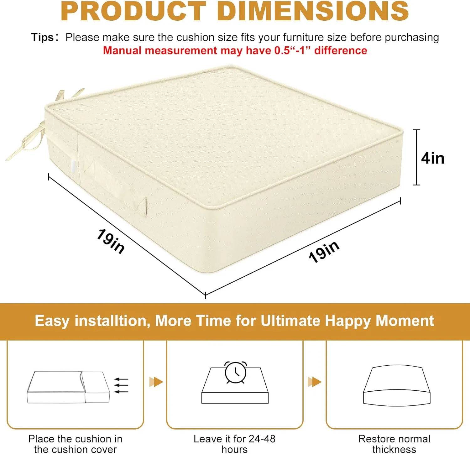 LOKHOM Outdoor Chair Cushions Set of 2，19" x 19" x 4" Waterproof Outdoor Seat Cushions for Patio Furniture, Soft Square Corner Sofa Outdoor Cushions with Handle & Adjustable Straps(Beige)