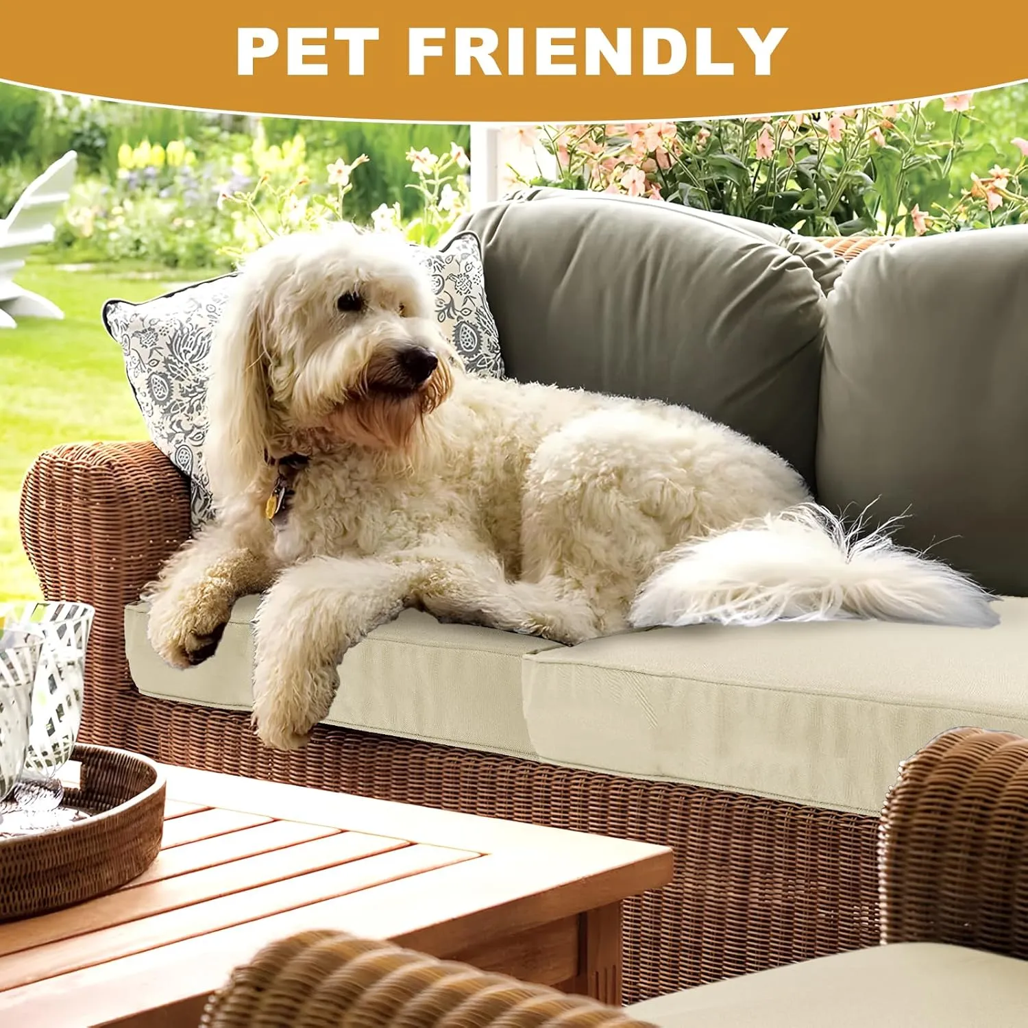 LOKHOM Outdoor Chair Cushions Set of 2，19" x 19" x 4" Waterproof Outdoor Seat Cushions for Patio Furniture, Soft Square Corner Sofa Outdoor Cushions with Handle & Adjustable Straps(Beige)