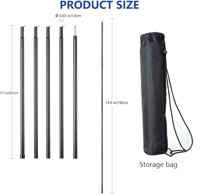 Long Leaf Tent Poles,Adjustable Steel Rods for Camping Tarps,Backpacking,Shelters,Portable Tarp Poles Rods-2 Pack