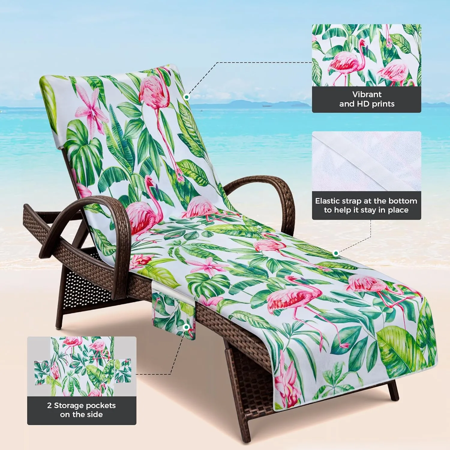 Lounge Chair Towel Cover Pack of 2, Chaise Lounge Cover Soft & Absorbent Microfiber Towel Beach Chair Cover for Pool Garden Outdoor, 83" X 29" (Flamingo)