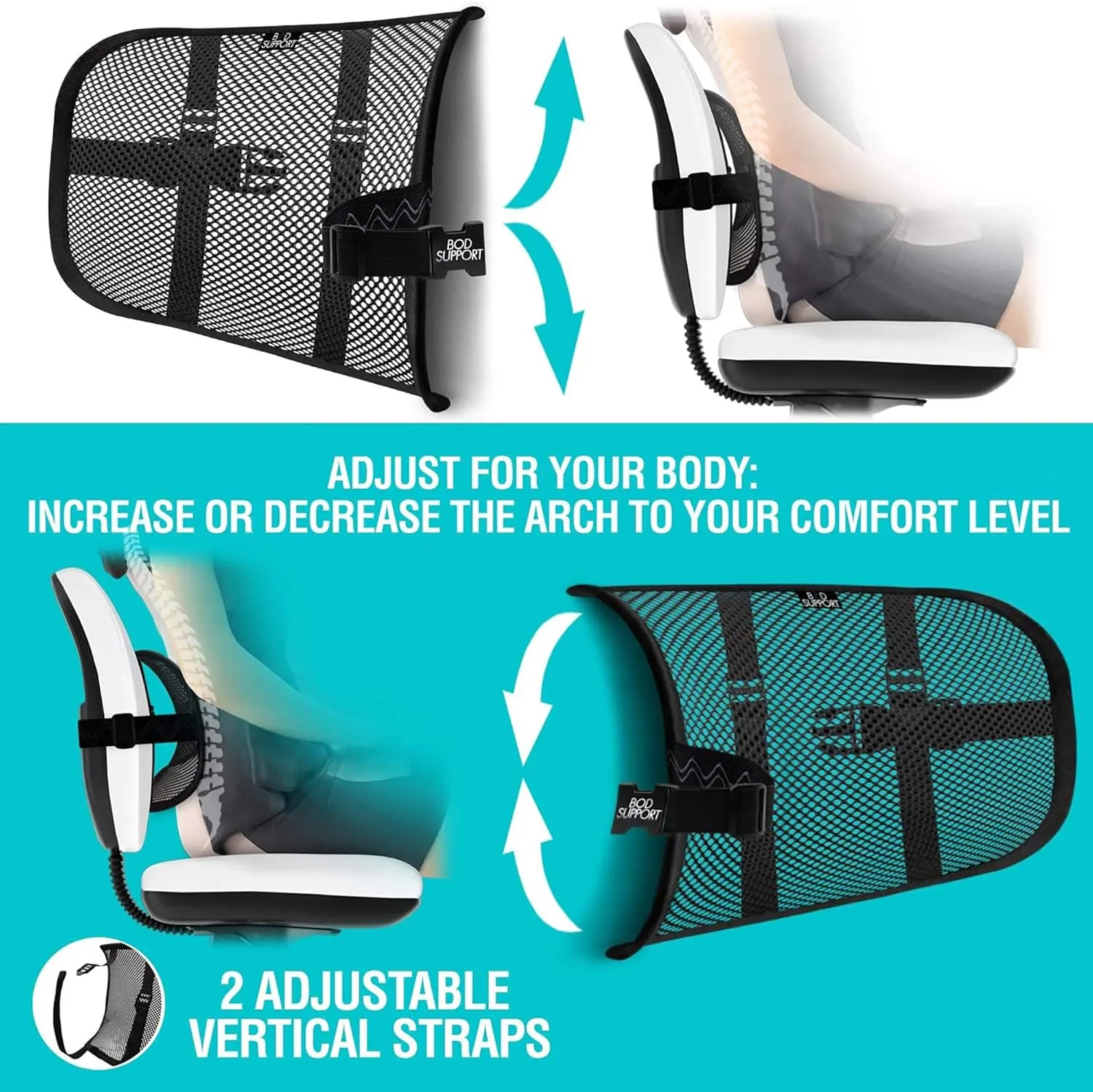 Lumbar Support - Breathable Mesh Office & Car Chair Back Support with Double Adjustable Straps for All-Day Comfort