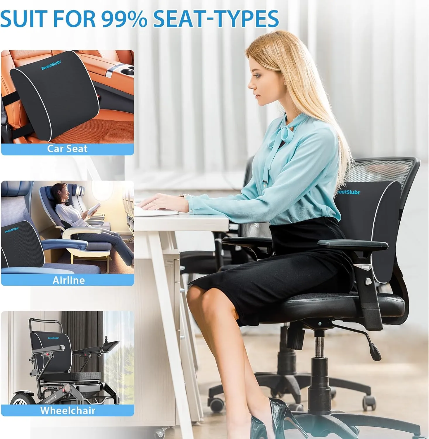Lumbar Support Pillow for Office Chair, Car Seats and Home Desks, Ergonomic Back Support with Double Adjustable Straps, Machine Washable Cover, Gray