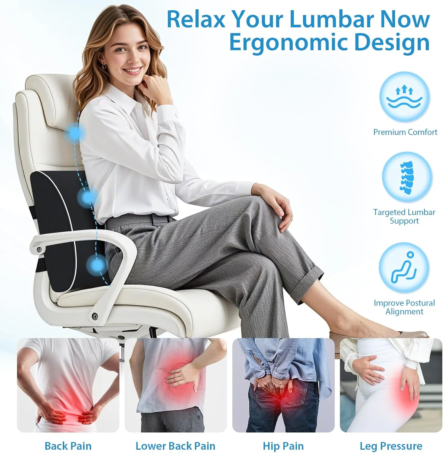 Lumbar Support Pillow for Office Chair, Car Seats and Home Desks, Ergonomic Back Support with Double Adjustable Straps, Machine Washable Cover, Gray