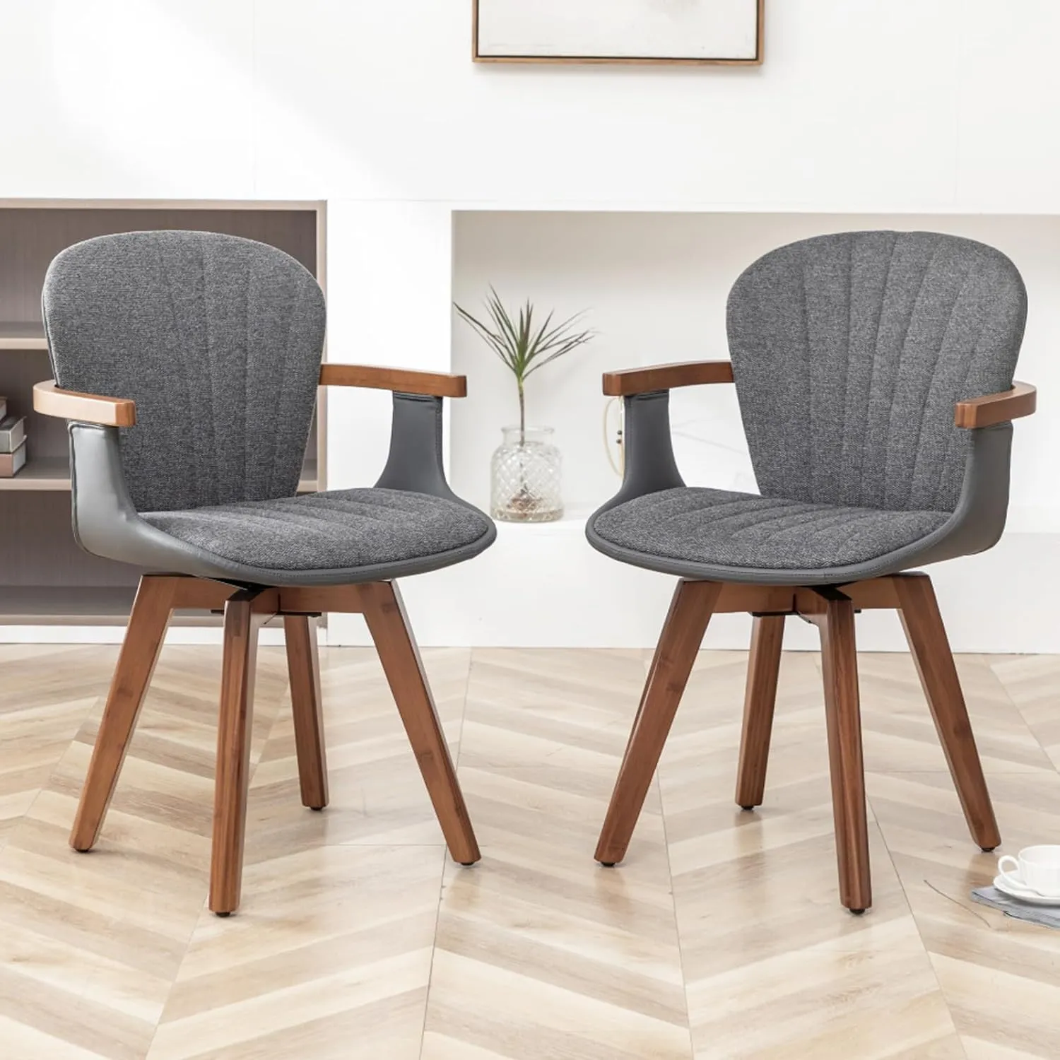 LUNLING Swivel Dining Chairs Set of 2, Mid Century Modern Gray Fabric Faux Leather Kitchen Chairs with Arms,Bamboo Legs Side Chairs No Wheels,Accent Chair for Dining Rooms and Offices(Gray Fabric)