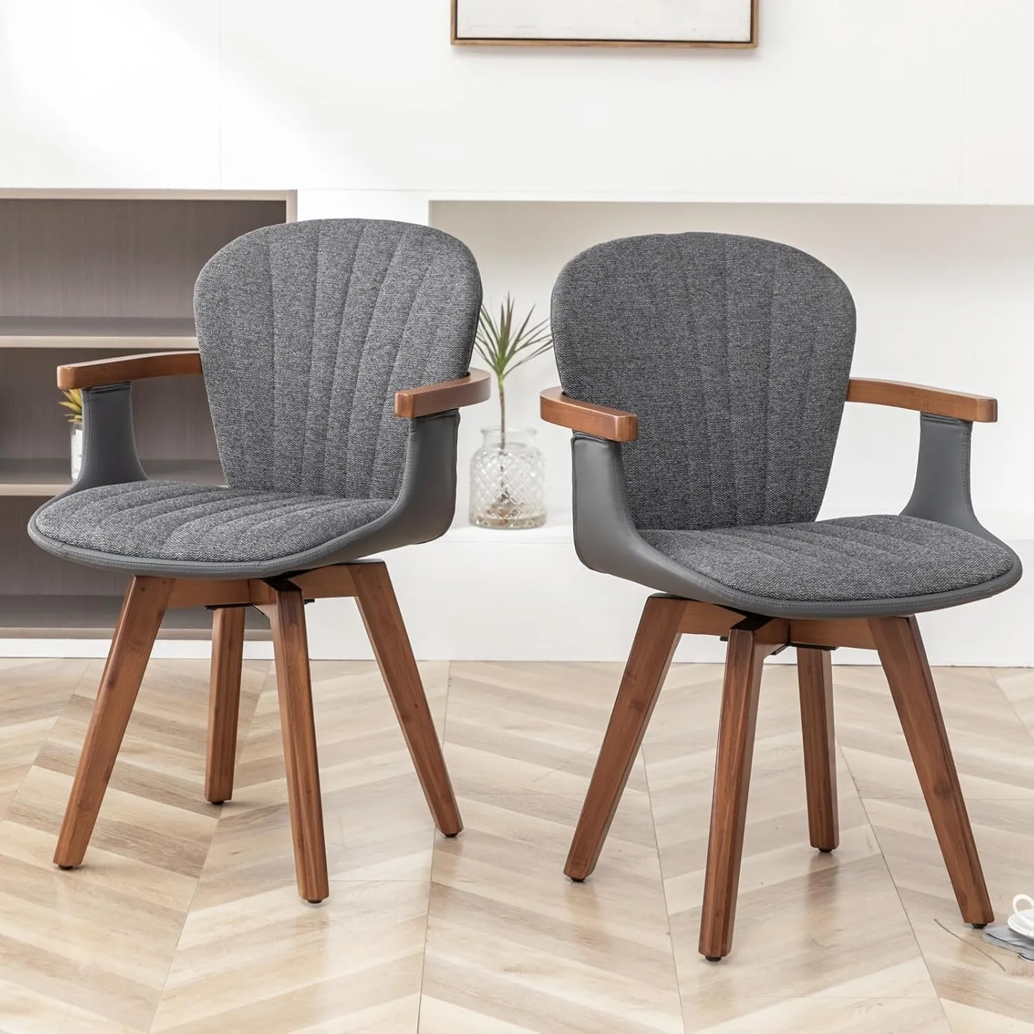 LUNLING Swivel Dining Chairs Set of 2, Mid Century Modern Gray Fabric Faux Leather Kitchen Chairs with Arms,Bamboo Legs Side Chairs No Wheels,Accent Chair for Dining Rooms and Offices(Gray Fabric)