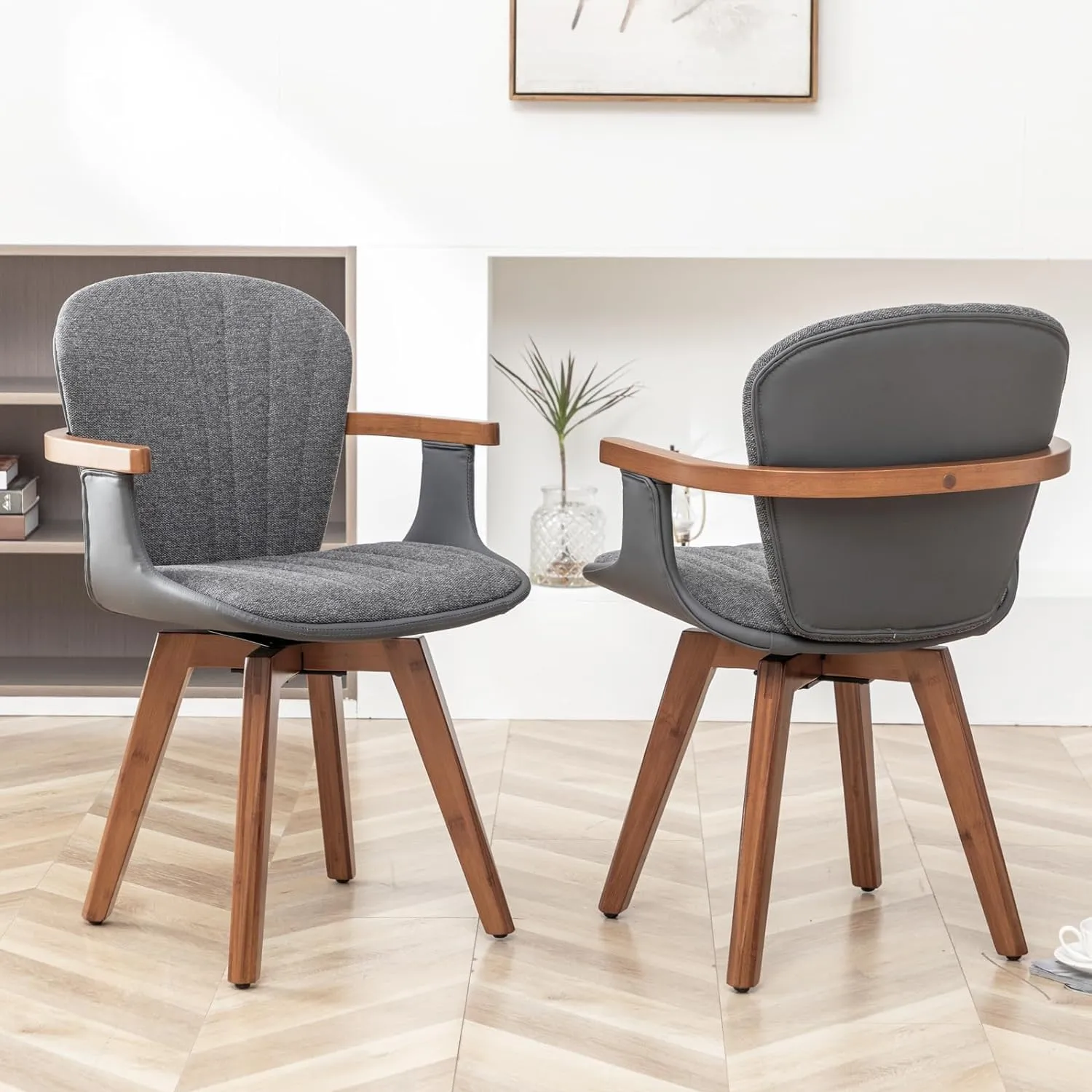 LUNLING Swivel Dining Chairs Set of 2, Mid Century Modern Gray Fabric Faux Leather Kitchen Chairs with Arms,Bamboo Legs Side Chairs No Wheels,Accent Chair for Dining Rooms and Offices(Gray Fabric)