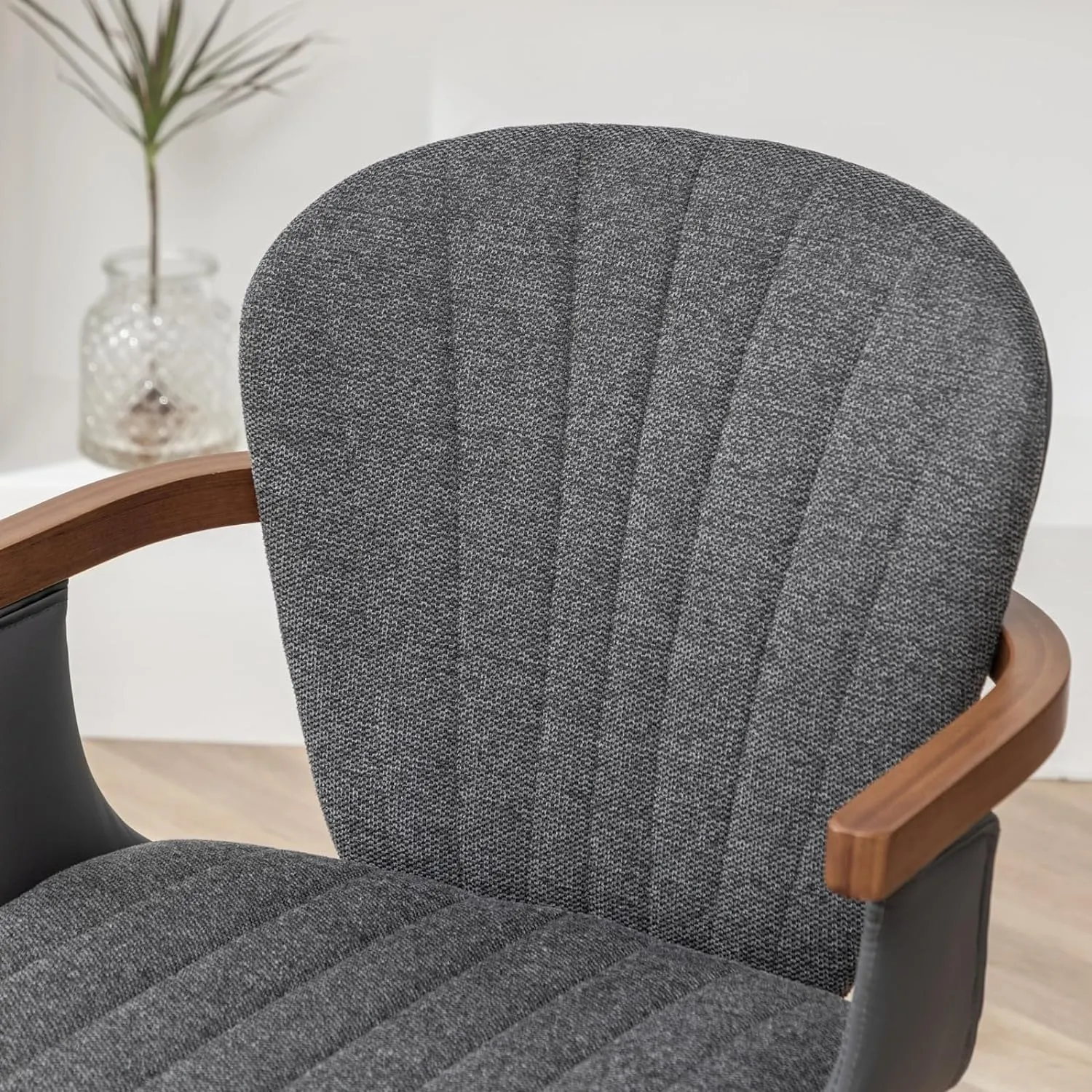 LUNLING Swivel Dining Chairs Set of 2, Mid Century Modern Gray Fabric Faux Leather Kitchen Chairs with Arms,Bamboo Legs Side Chairs No Wheels,Accent Chair for Dining Rooms and Offices(Gray Fabric)