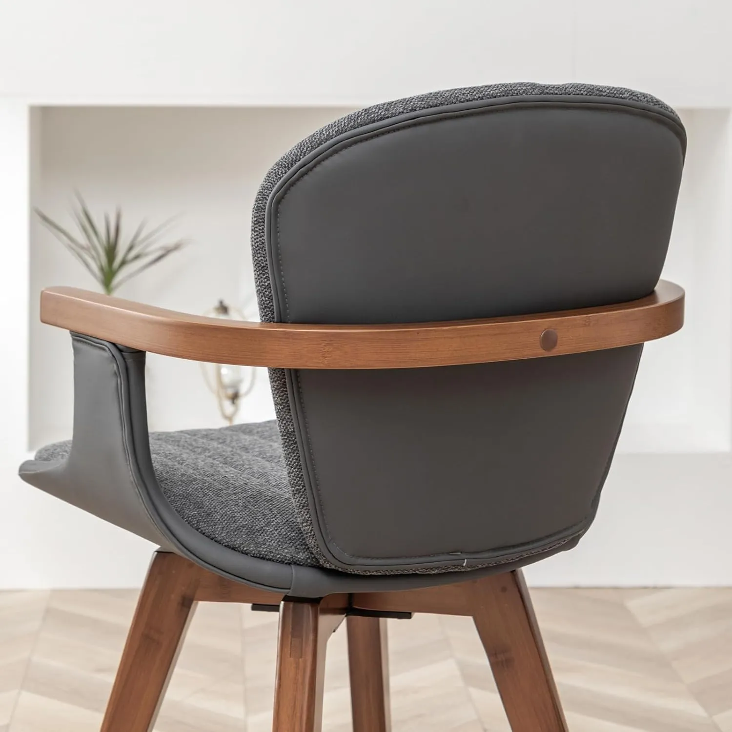 LUNLING Swivel Dining Chairs Set of 2, Mid Century Modern Gray Fabric Faux Leather Kitchen Chairs with Arms,Bamboo Legs Side Chairs No Wheels,Accent Chair for Dining Rooms and Offices(Gray Fabric)