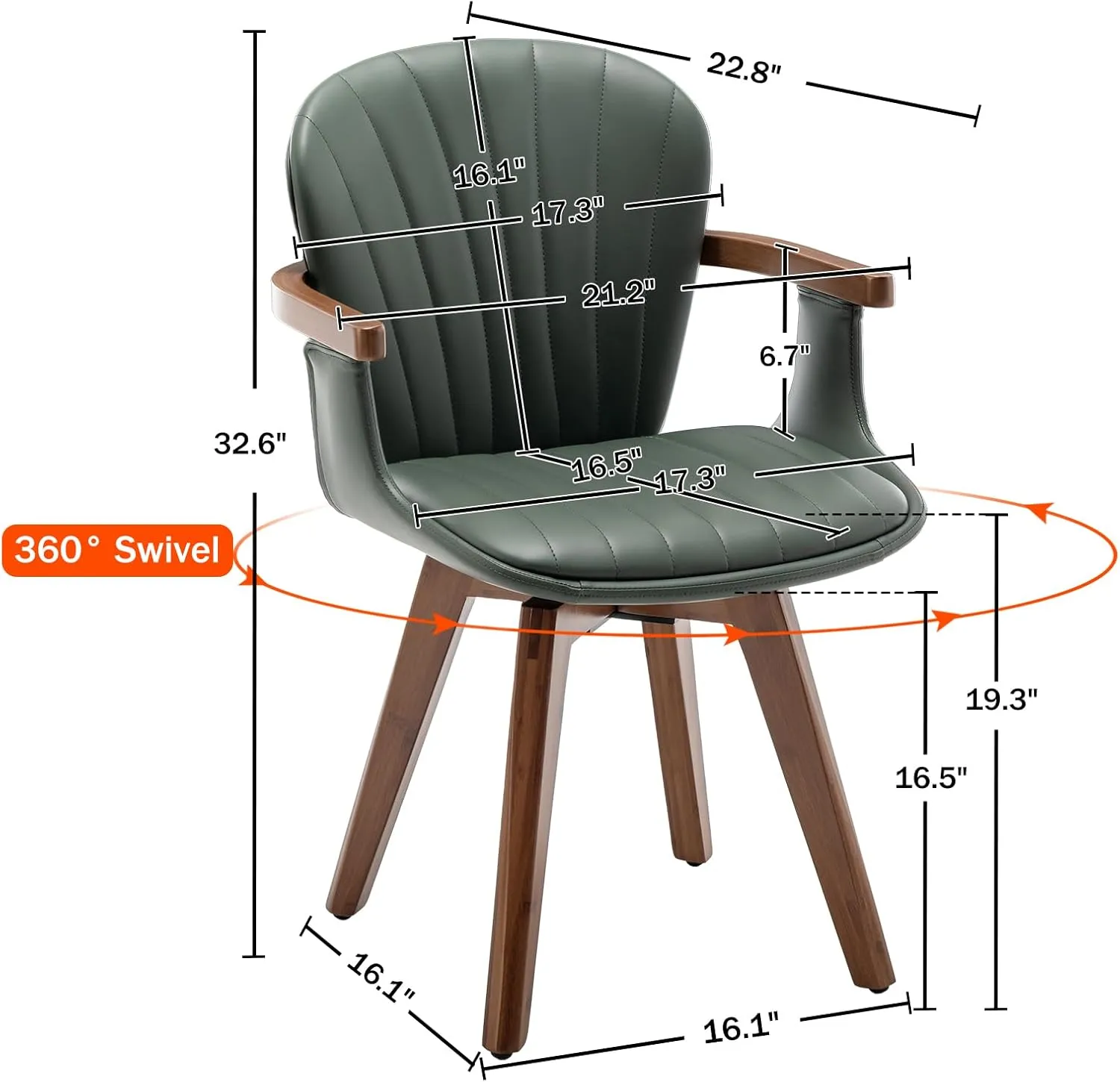 LUNLING Swivel Dining Room Chairs Set of 2, Mid Century Modern Green Faux Leather Kitchen Chairs with Arms,Bamboo Legs Side Chairs No Wheels,Accent Chair for Dining Rooms and Offices