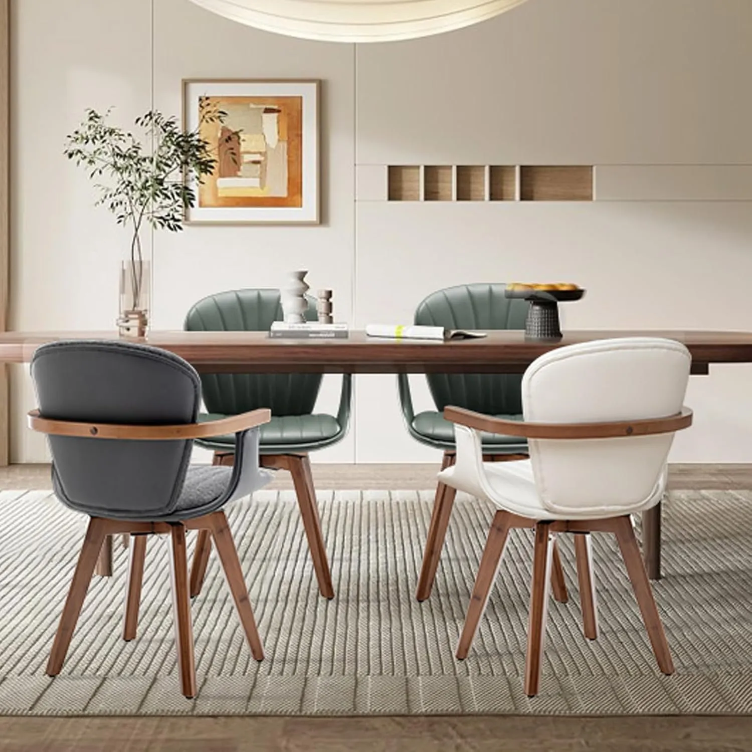 LUNLING Swivel Dining Room Chairs Set of 2, Mid Century Modern Green Faux Leather Kitchen Chairs with Arms,Bamboo Legs Side Chairs No Wheels,Accent Chair for Dining Rooms and Offices