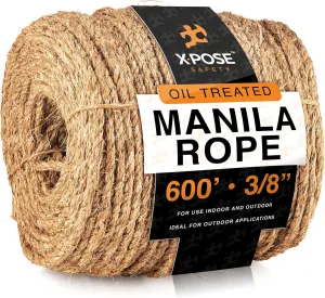 Manila Rope - 3/8 Inch 600' - 3 Strand Cordage Twisted Braided Rope - Thick Natural Fiber for Nautical, Marine, Decorative for Crafts, Porch Column, Outdoor Pole Wrap,Tree Swing