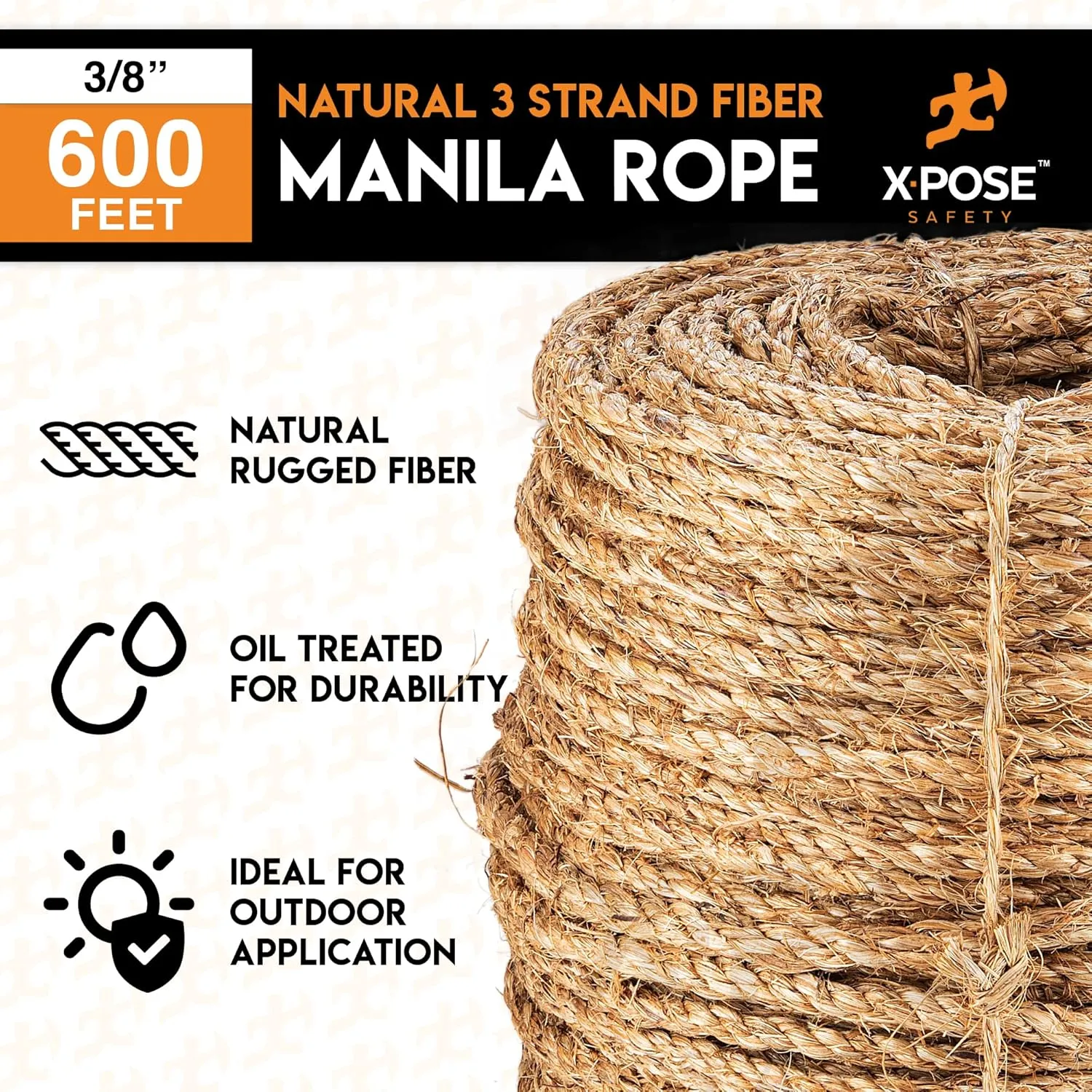 Manila Rope - 3/8 Inch 600' - 3 Strand Cordage Twisted Braided Rope - Thick Natural Fiber for Nautical, Marine, Decorative for Crafts, Porch Column, Outdoor Pole Wrap,Tree Swing