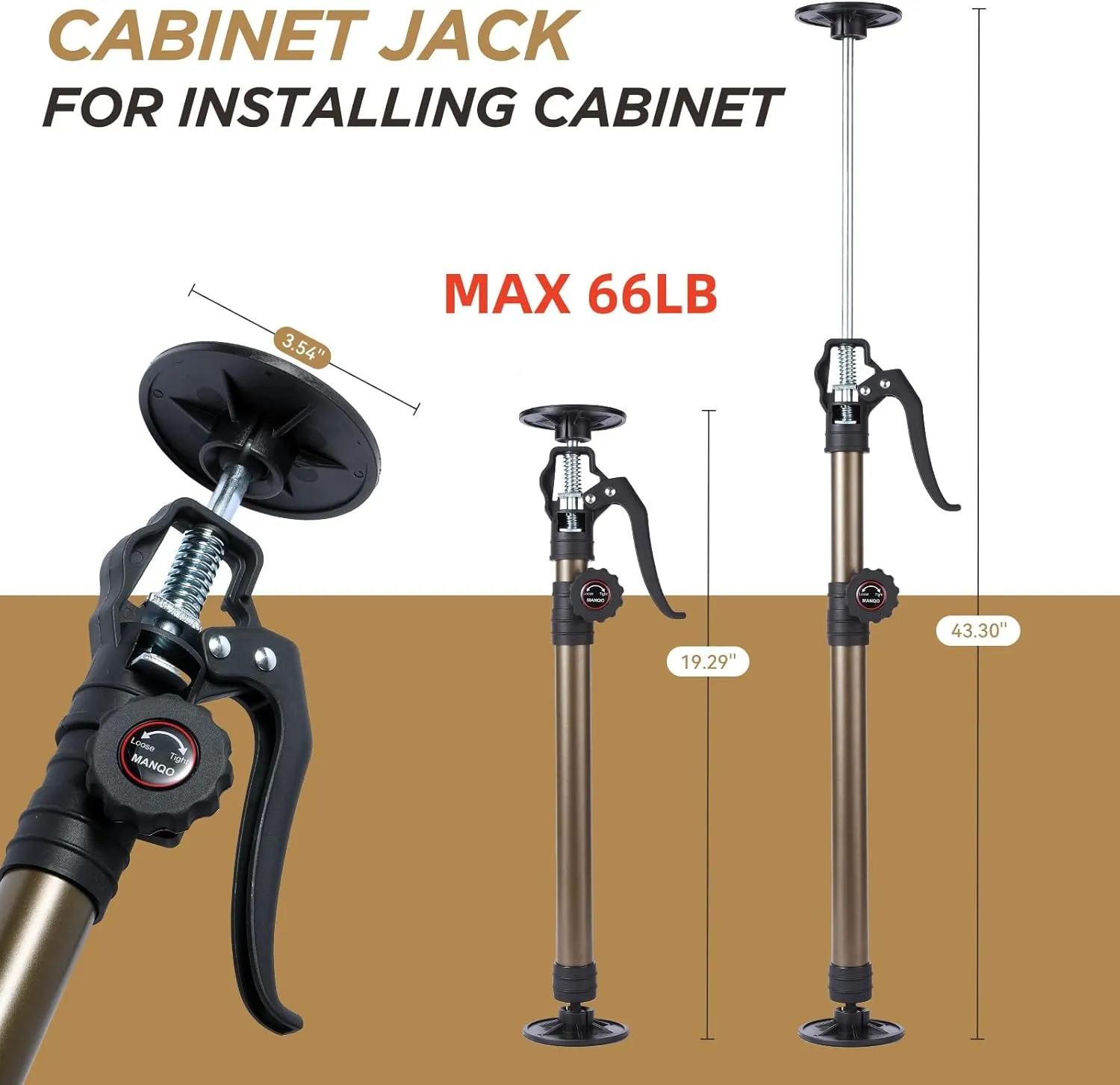 MANQO Cabinet Jack for Installing Cabinet，Adjustable Support Pole，3rd Hand Support System，Extend from 19.29 inch to 43.30 inch,Supports up to 132 lbs for Drywall 2Pcs Set (Patent Design)