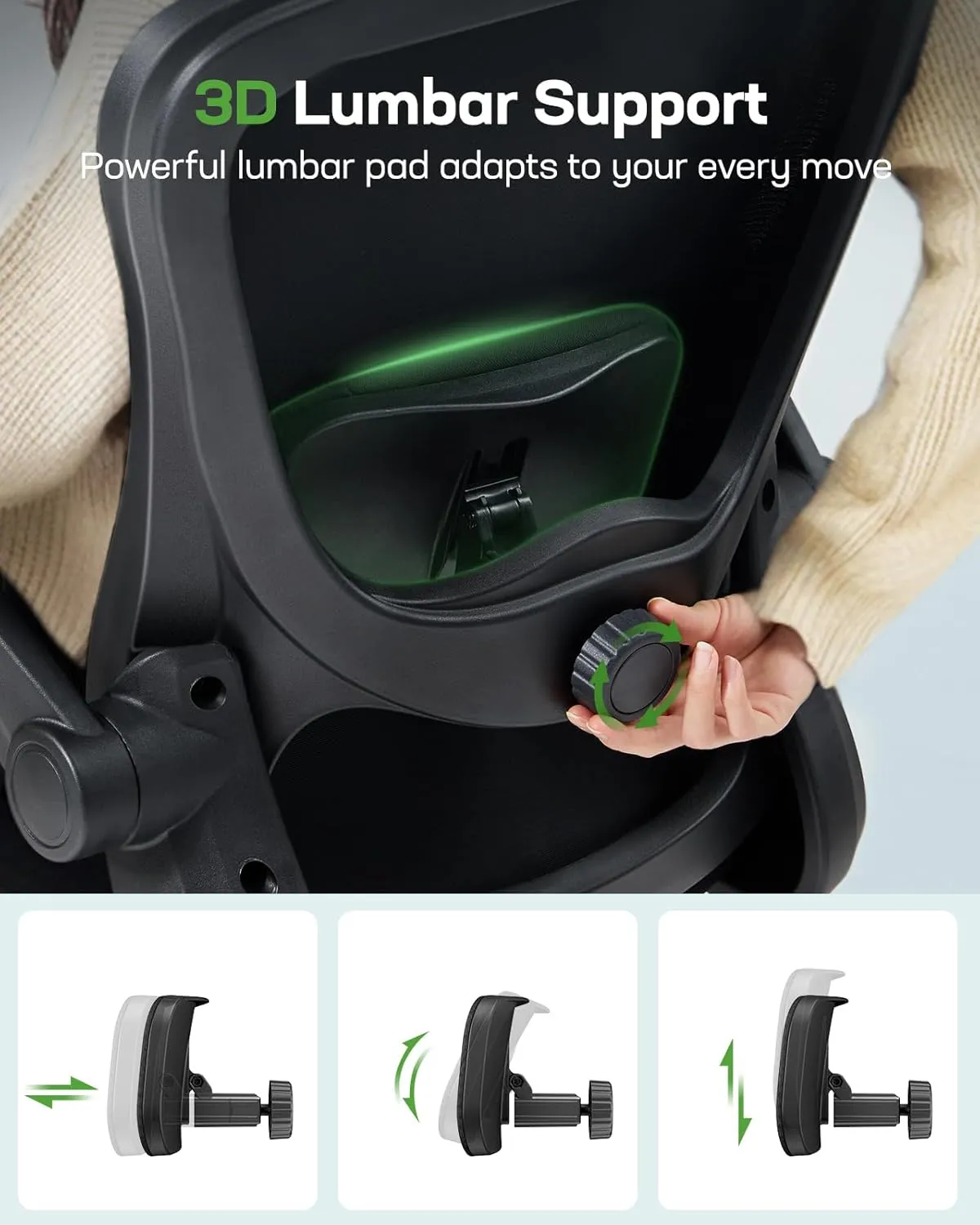 Marsail Ergonomic Office Chair: Ergonomic Desk Chair with Adjustable 3D Lumbar Support, Desk Chair Comfy with Flip-up Armrests, 90-120° Tilt Lock and Thick Cushion, Home Office Desk Chair 300 LBS