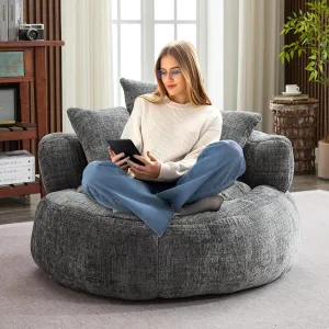 Memory Foam Bean Bag Chair, Comfy Bean Bag Chairs for Adults with Filling, Lazy Sofa with Soft Chenille Bean Bag Cover, Round Bean Bag Chair with Back Support & Adjustable Pillow, Grey