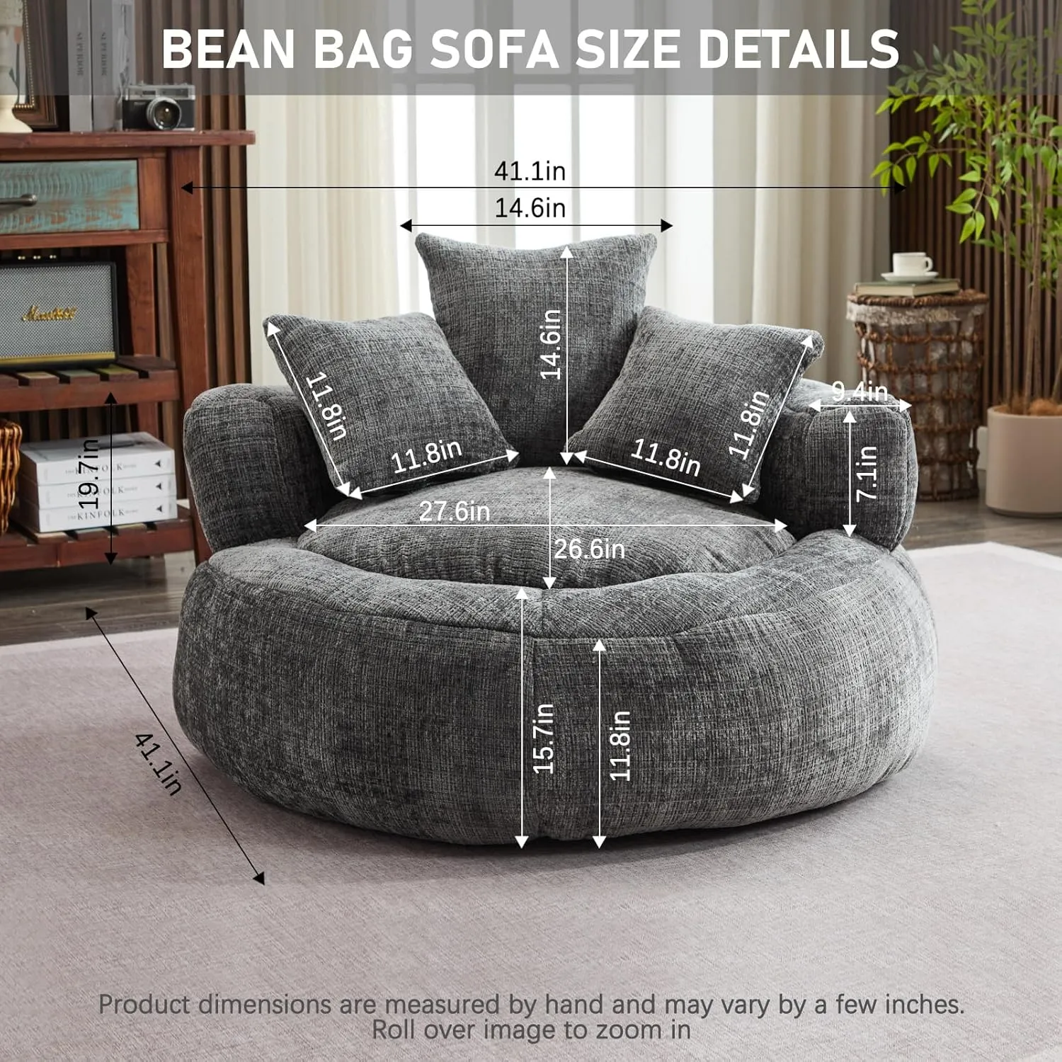 Memory Foam Bean Bag Chair, Comfy Bean Bag Chairs for Adults with Filling, Lazy Sofa with Soft Chenille Bean Bag Cover, Round Bean Bag Chair with Back Support & Adjustable Pillow, Grey
