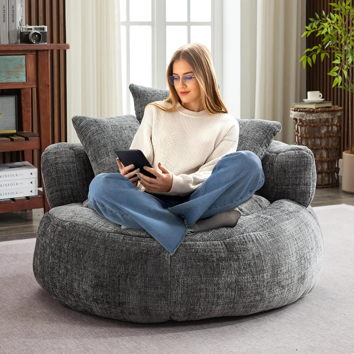 Memory Foam Bean Bag Chair, Comfy Bean Bag Chairs for Adults with Filling, Lazy Sofa with Soft Chenille Bean Bag Cover, Round Bean Bag Chair with Back Support & Adjustable Pillow, Grey