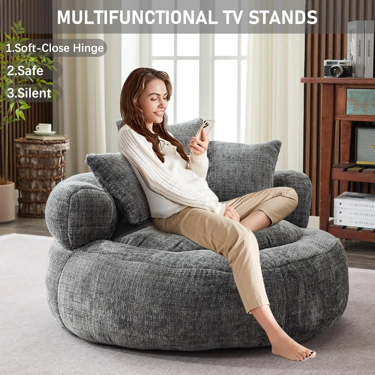 Memory Foam Bean Bag Chair, Comfy Bean Bag Chairs for Adults with Filling, Lazy Sofa with Soft Chenille Bean Bag Cover, Round Bean Bag Chair with Back Support & Adjustable Pillow, Grey