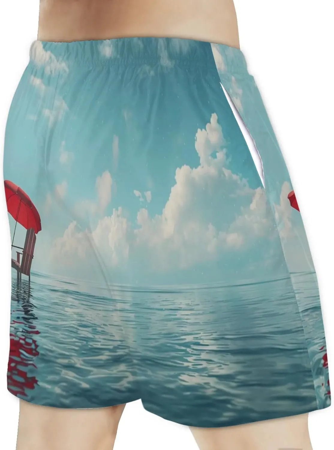 Mens Swim Trunks Chair Red Umbrella Quick Dry Board Shorts with Mesh Lining