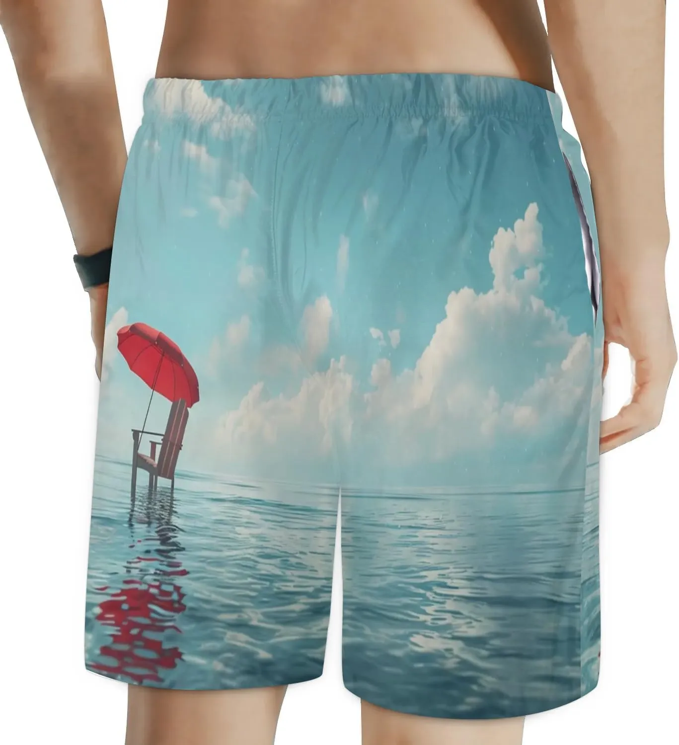 Mens Swim Trunks Chair Red Umbrella Quick Dry Board Shorts with Mesh Lining