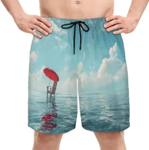 Mens Swim Trunks Chair Red Umbrella Quick Dry Board Shorts with Mesh Lining