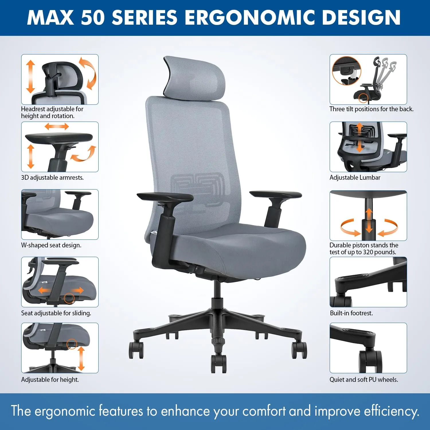 Mesh Office Chair – Ergonomic Office Chair with Lumbar Support, Adjustable 3D Arms & Soft Seat – Holds Up to 330lbs (Gray)