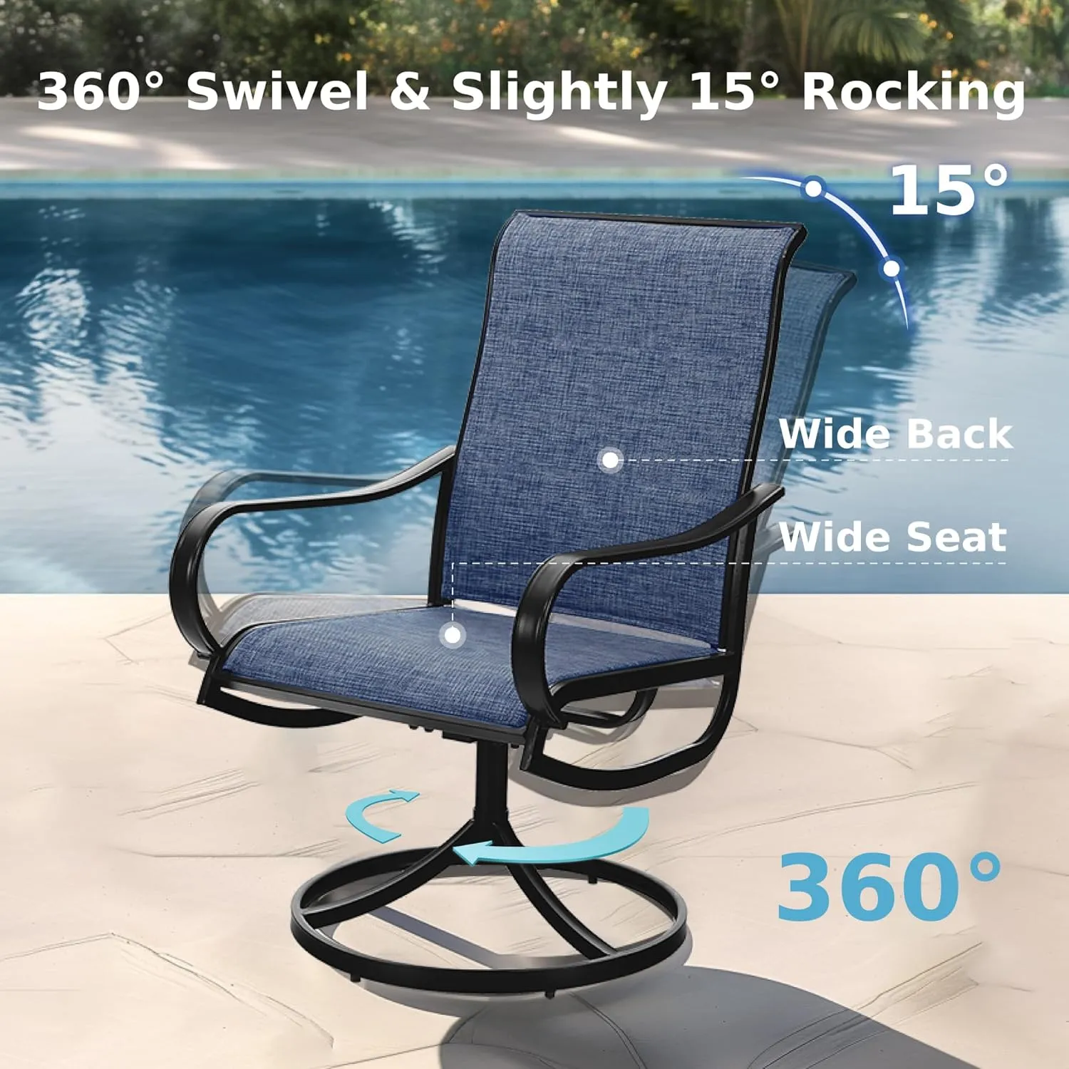 MFSTUDIO Outdoor Swivel Patio Dining Chairs Set of 2, High Back Breathable Textilene Patio Chairs for Balcony, Backyad, Deck, Garden (Navy Fabric,Black Frame)