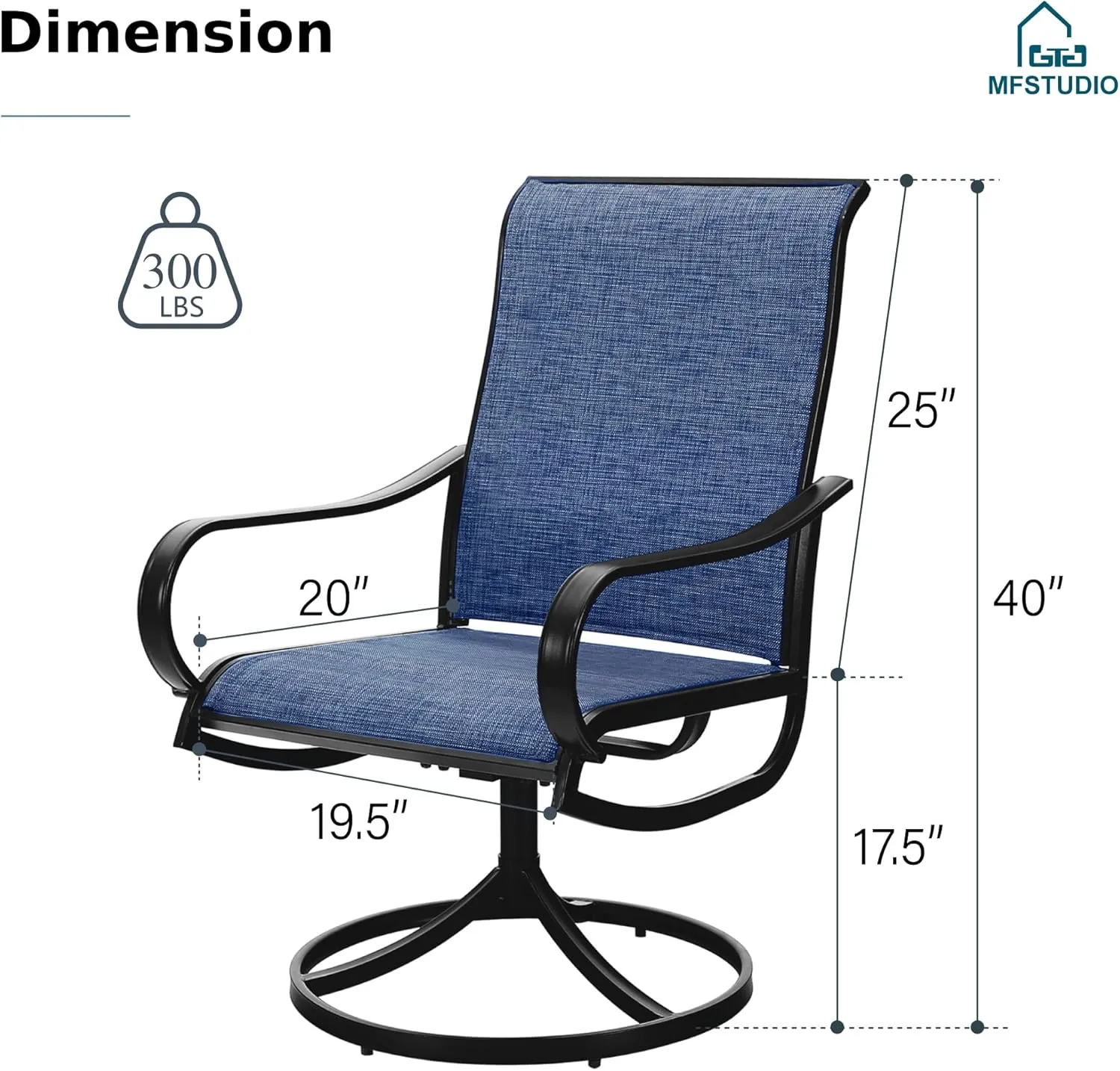 MFSTUDIO Outdoor Swivel Patio Dining Chairs Set of 2, High Back Breathable Textilene Patio Chairs for Balcony, Backyad, Deck, Garden (Navy Fabric,Black Frame)