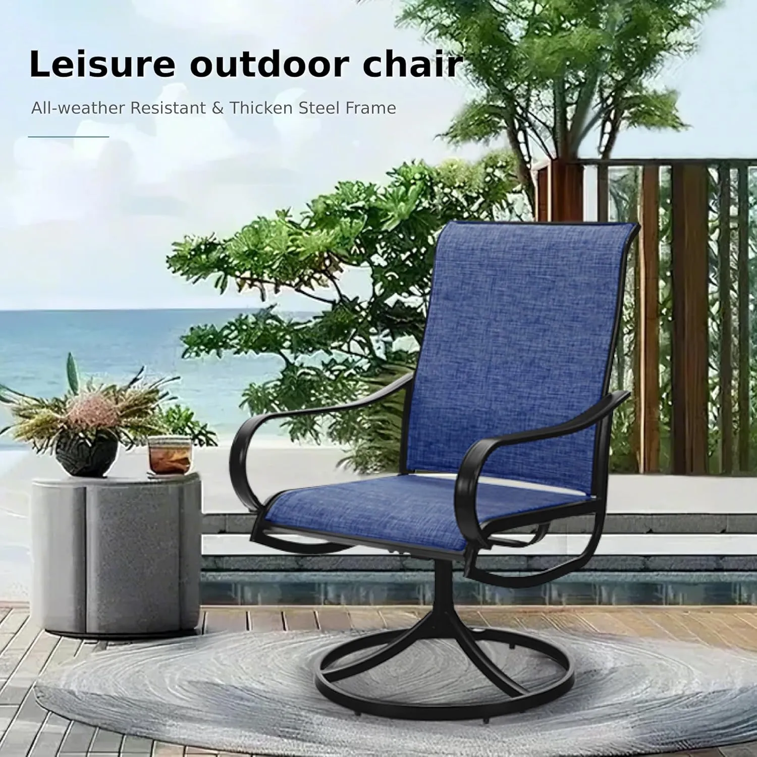 MFSTUDIO Outdoor Swivel Patio Dining Chairs Set of 2, High Back Breathable Textilene Patio Chairs for Balcony, Backyad, Deck, Garden (Navy Fabric,Black Frame)