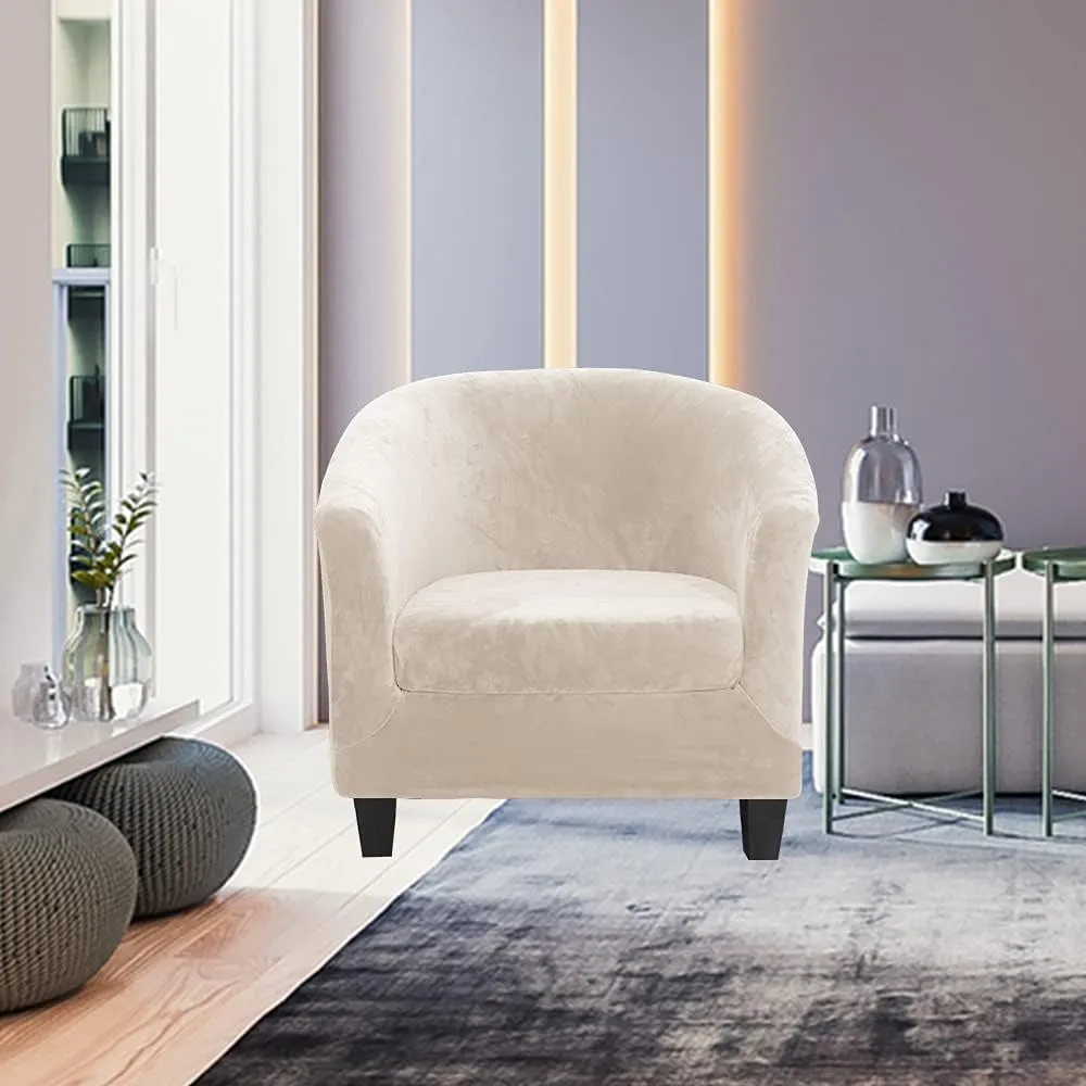 MIFXIN Tub Chair Slipcover 2-Piece Velvet Stretch Club Chair Cover with Cushion Cover Spandex Round Barrel Chair Couch Armchair Furniture Protector for Living Room Hotel (Beige)