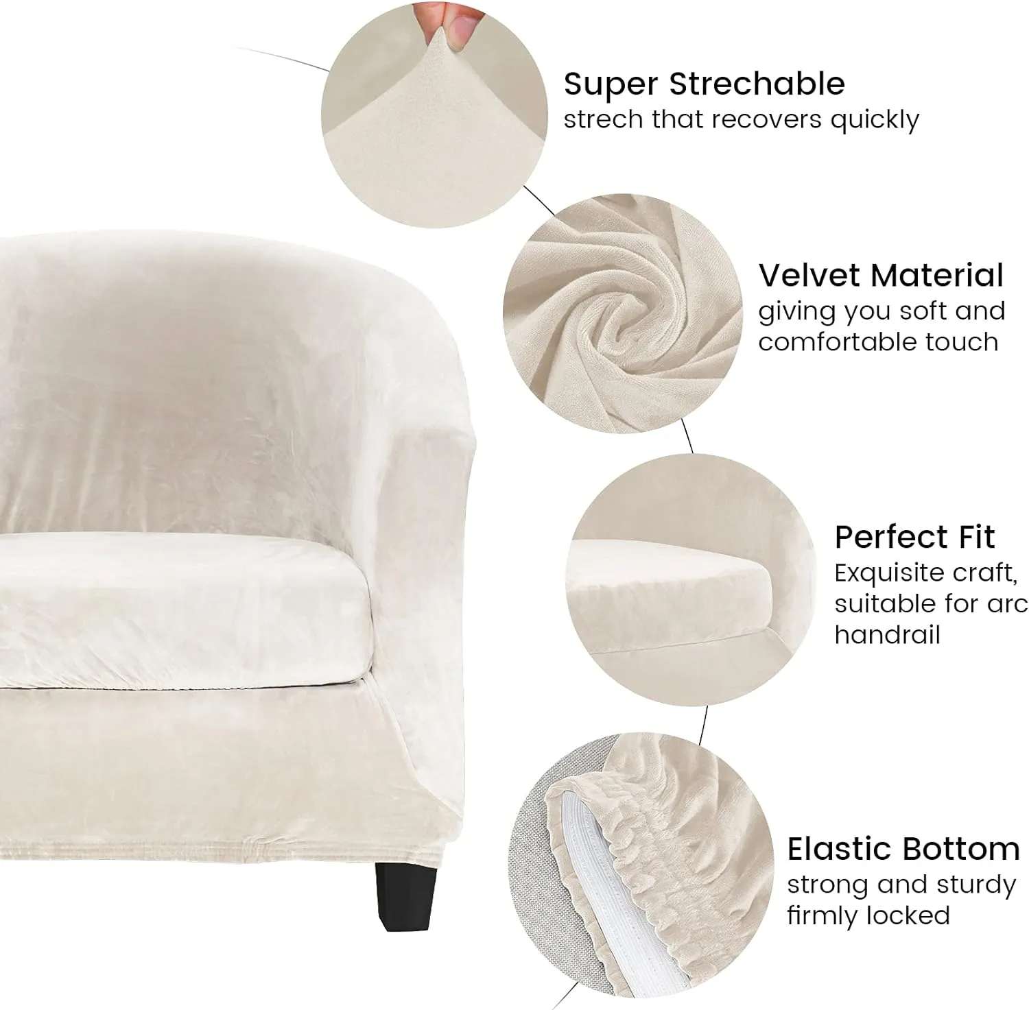 MIFXIN Tub Chair Slipcover 2-Piece Velvet Stretch Club Chair Cover with Cushion Cover Spandex Round Barrel Chair Couch Armchair Furniture Protector for Living Room Hotel (Beige)
