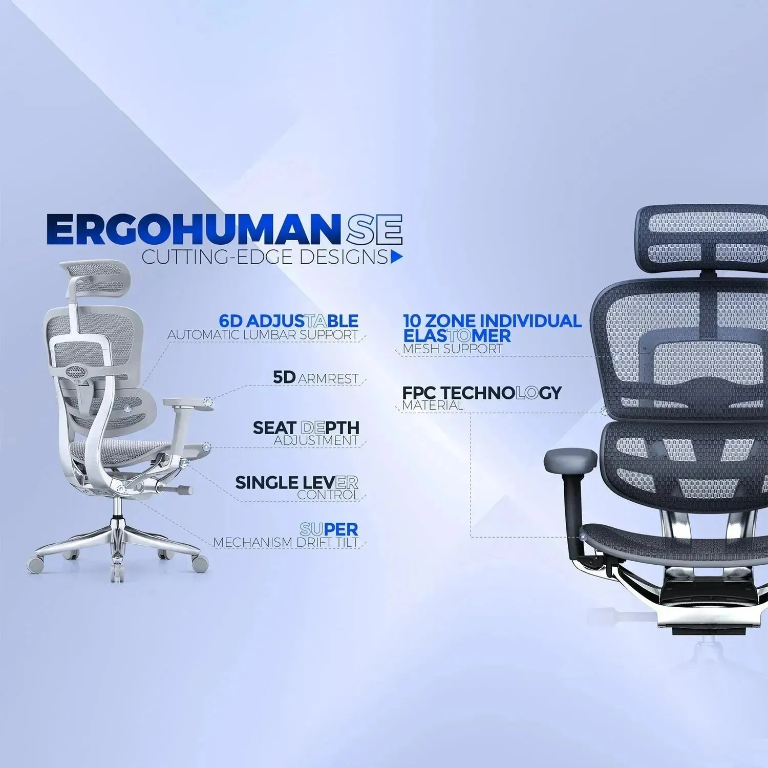 Modern Mesh  Ergonomic Office Chair Grey Frame With Legrest ERGOHUMAN E2