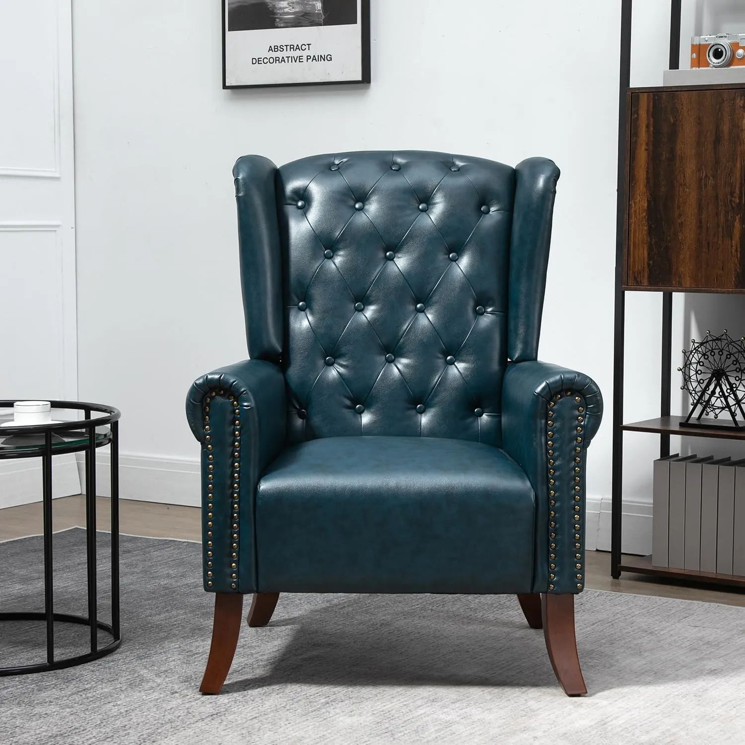 MOJAY Modern PU Leather Accent Chair, Living Room Lounge Sofa Chair with Buttons, Single Club Armchair with Rivet Trim for Bedroom Home Reception (DarkBlue)