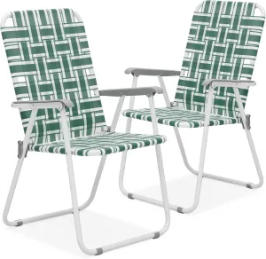 MoNiBloom Folding Lawn Beach Chair for Adults Portable Lightweight Heavy-Duty Steel Lounge Camping Chairs for Patio Yard Garden Backyard Outdoor (Dark Green, 2-Pack)