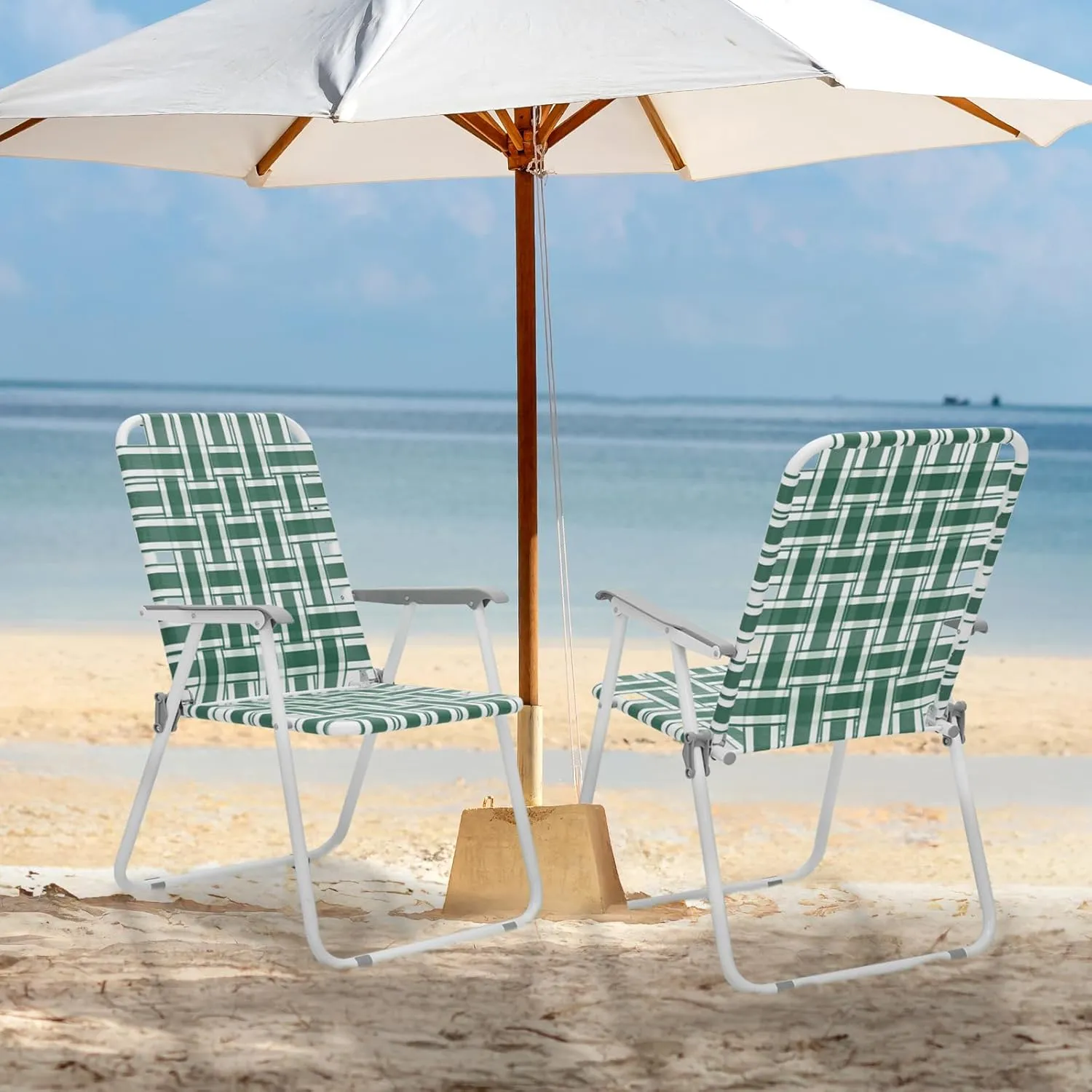 MoNiBloom Folding Lawn Beach Chair for Adults Portable Lightweight Heavy-Duty Steel Lounge Camping Chairs for Patio Yard Garden Backyard Outdoor (Dark Green, 2-Pack)