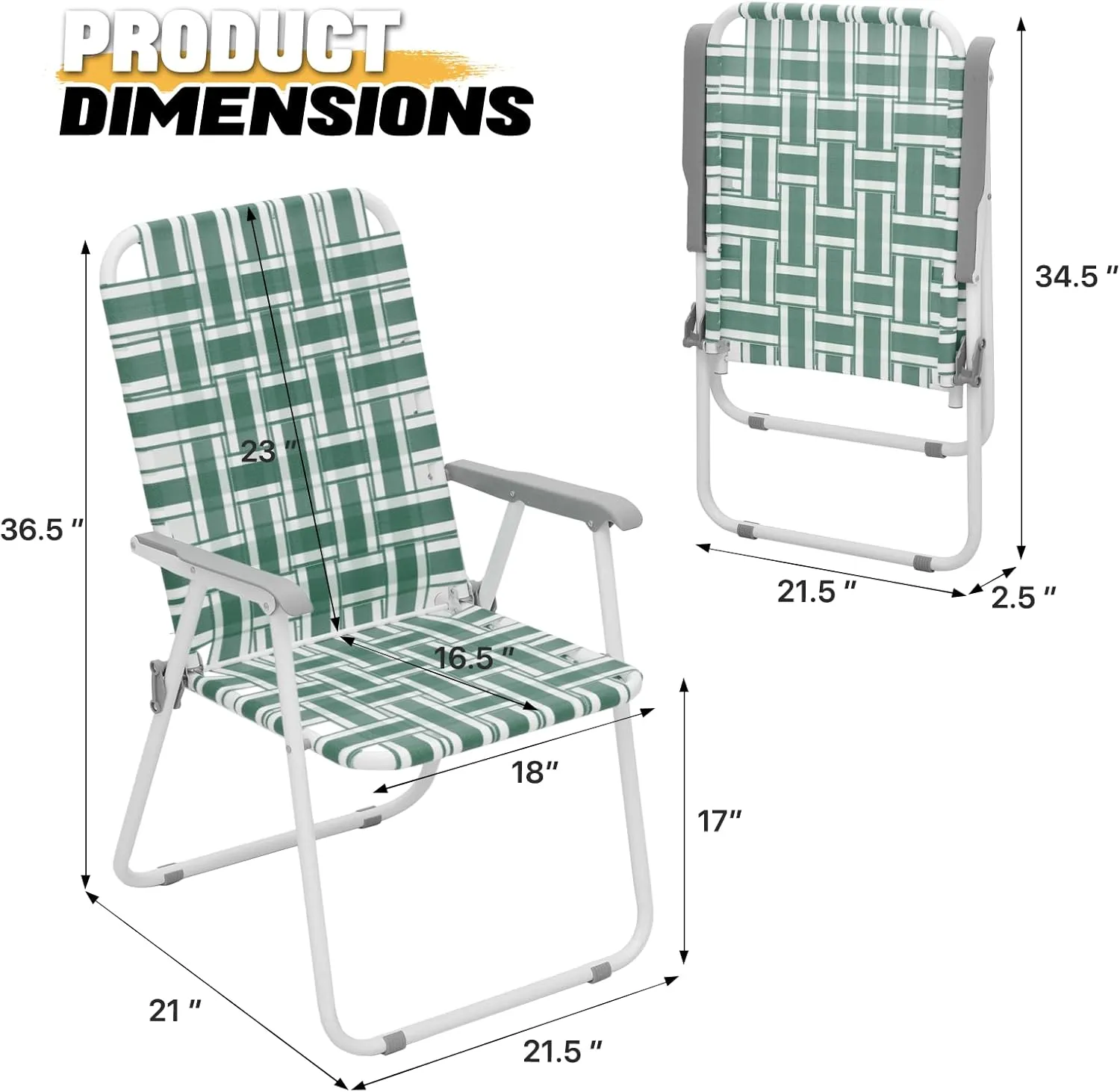 MoNiBloom Folding Lawn Beach Chair for Adults Portable Lightweight Heavy-Duty Steel Lounge Camping Chairs for Patio Yard Garden Backyard Outdoor (Dark Green, 2-Pack)