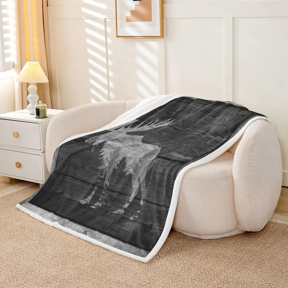 Moose Cabin Throw Blanket Wild Animal Jungle Pine Trees Silhouette Fleece Blanket for Kids Teens Adults Gray Wooden Stripes Grid Rustic Fuzzy Blanket for Housewarming Throw 50x60