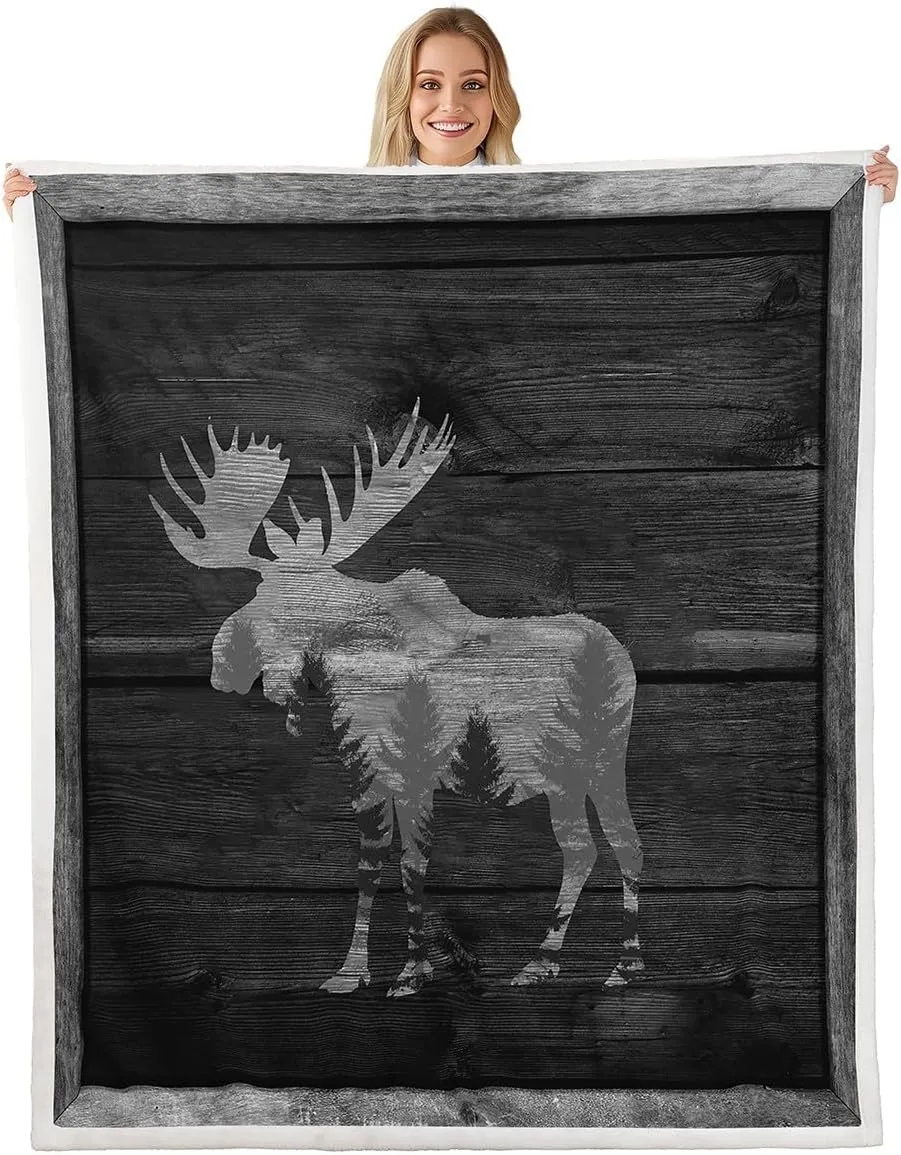 Moose Cabin Throw Blanket Wild Animal Jungle Pine Trees Silhouette Fleece Blanket for Kids Teens Adults Gray Wooden Stripes Grid Rustic Fuzzy Blanket for Housewarming Throw 50x60