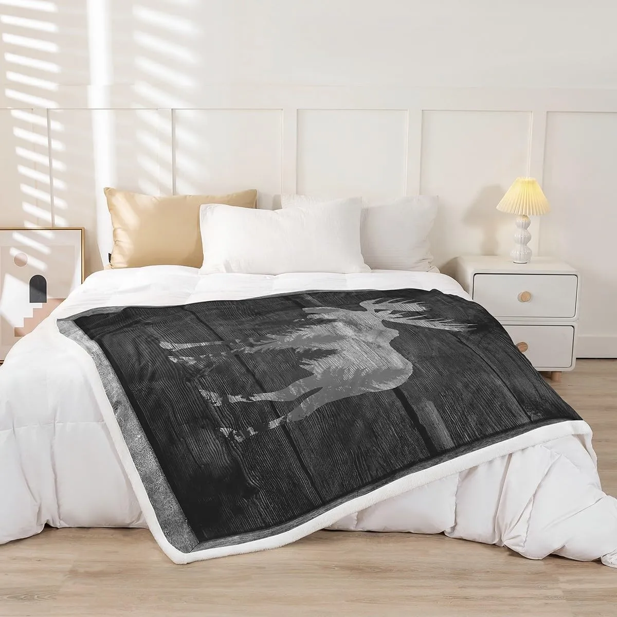 Moose Cabin Throw Blanket Wild Animal Jungle Pine Trees Silhouette Fleece Blanket for Kids Teens Adults Gray Wooden Stripes Grid Rustic Fuzzy Blanket for Housewarming Throw 50x60