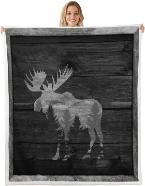 Moose Cabin Throw Blanket Wild Animal Jungle Pine Trees Silhouette Fleece Blanket for Kids Teens Adults Gray Wooden Stripes Grid Rustic Fuzzy Blanket for Housewarming Throw 50x60
