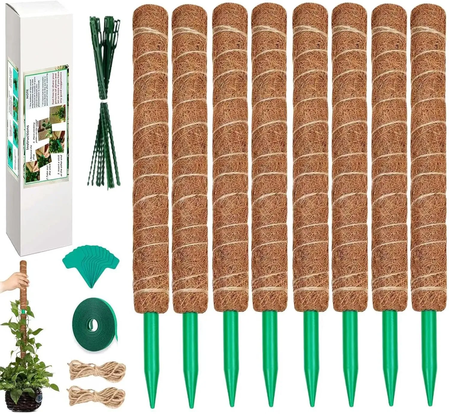 Moss Pole for Plants Monstera 164 Inch, 8 Pcs 20.5 Inch Moss Poles for Climbing Plants, Coco Coir Pole Plant Support Stakes for Indoor Climbing Plants Grow Upwards, with Garden Ties Kit